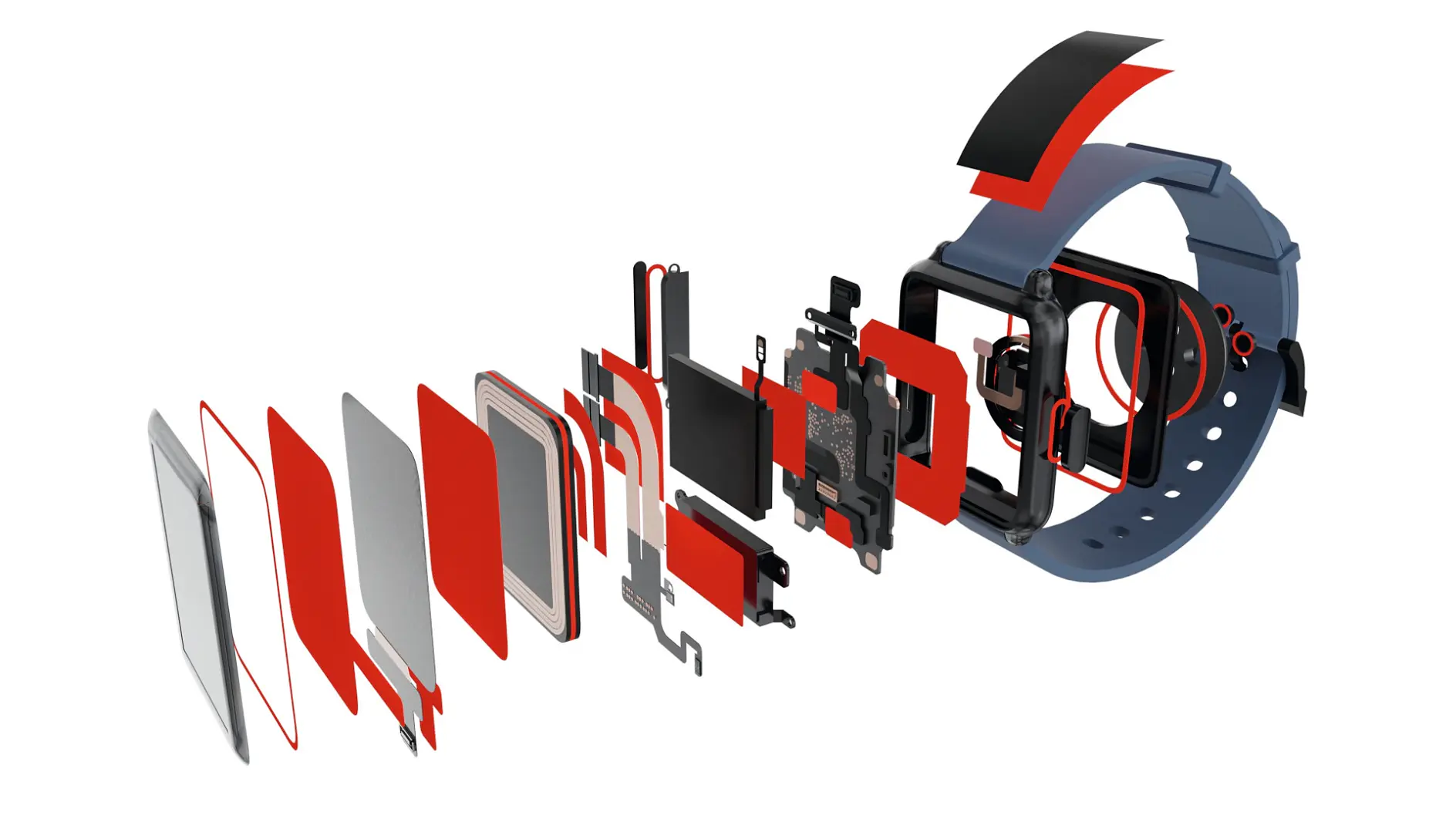 Exploded view of a smartwatch, displaying its internal components. The layers include the screen, various circuit boards, and the casing, arranged sequentially. The watch has a blue strap and the components are shown in red, black, and gray. (This text has been generated by AI)