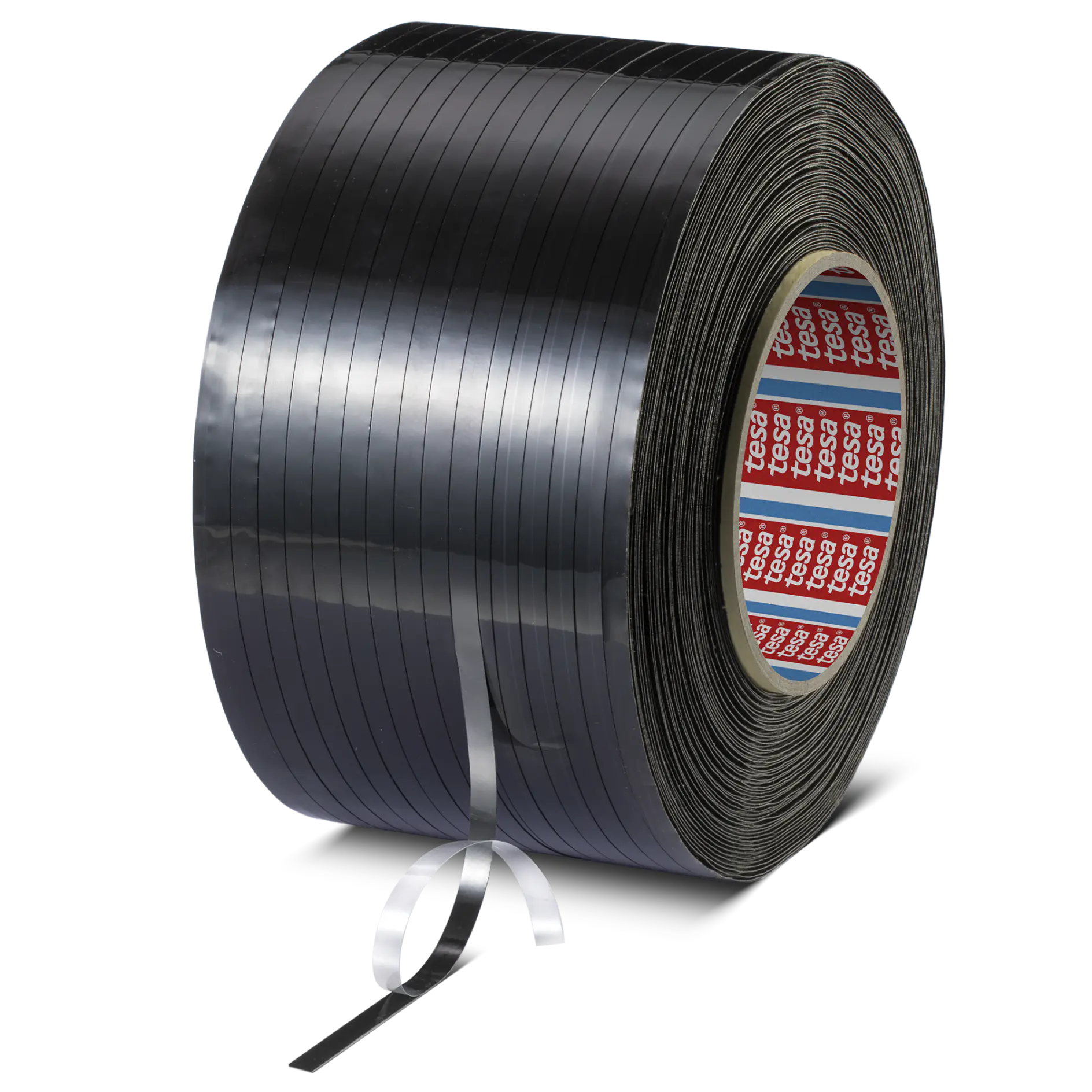 A large roll of black, glossy strapping tesa tape is displayed against a white background. A strip of the tesa tape is partially unrolled, showing a reflective surface. The tesa branding is visible on the rolls core. (This text has been generated by AI)