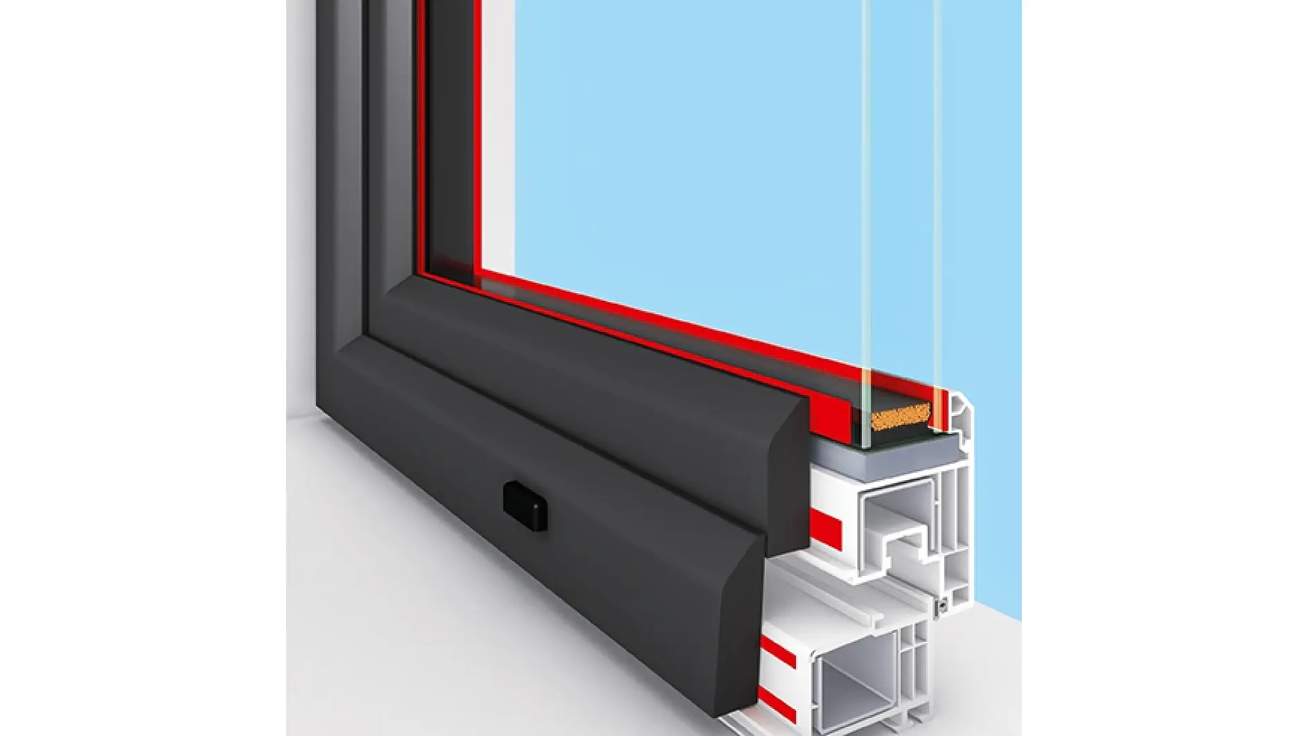 Vue en coupe d’une fenêtre moderne avec plusieurs cadres et un double vitrage. Les cadres sont noirs à l’extérieur et blancs à l’intérieur, avec une isolation visible et un petit mécanisme de verrouillage noir. Le ruban tesa est utilisé pour améliorer l’étanchéité autour des bords. Le verre est présenté sur un fond bleu. (This text has been generated by AI)