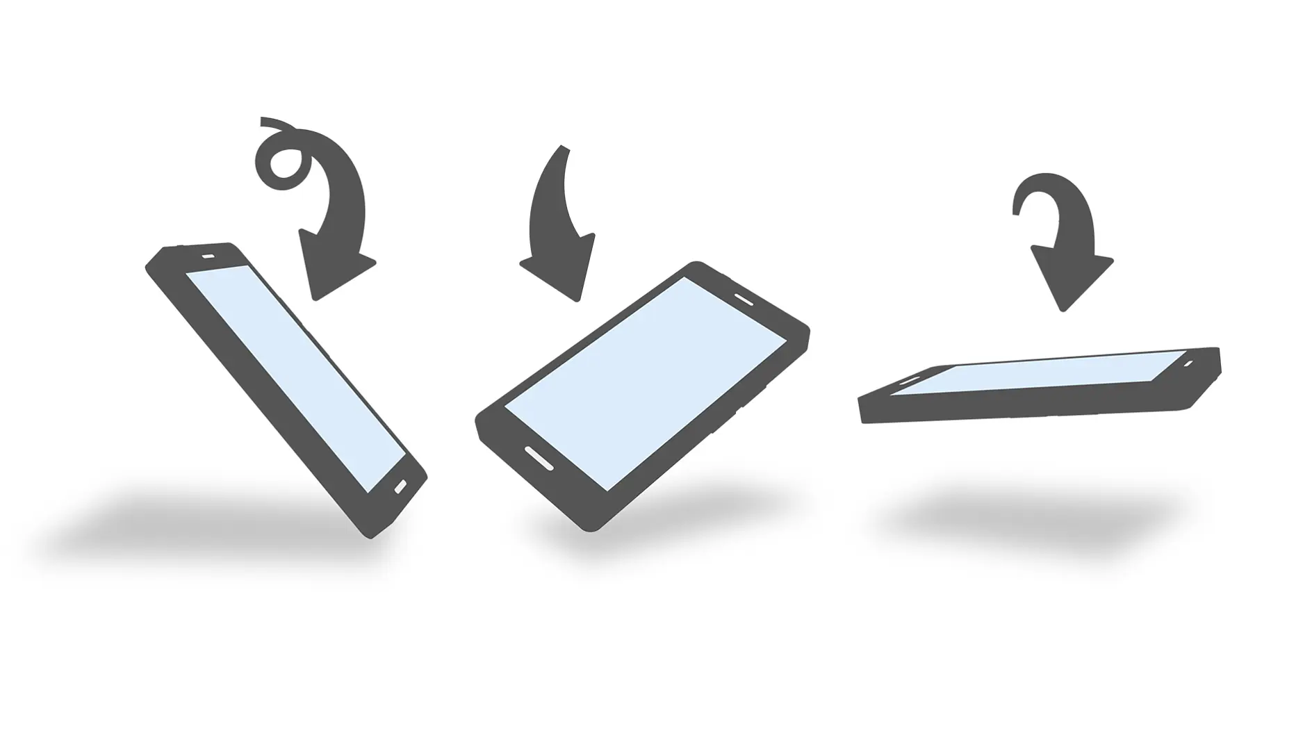 Illustration showing three smartphones depicted in different positions. The first phone is rotating downward, the second is horizontal facing up, and the third is nearly flat, facing down, with a downward arrow indicating motion secured in place using tesa tape.