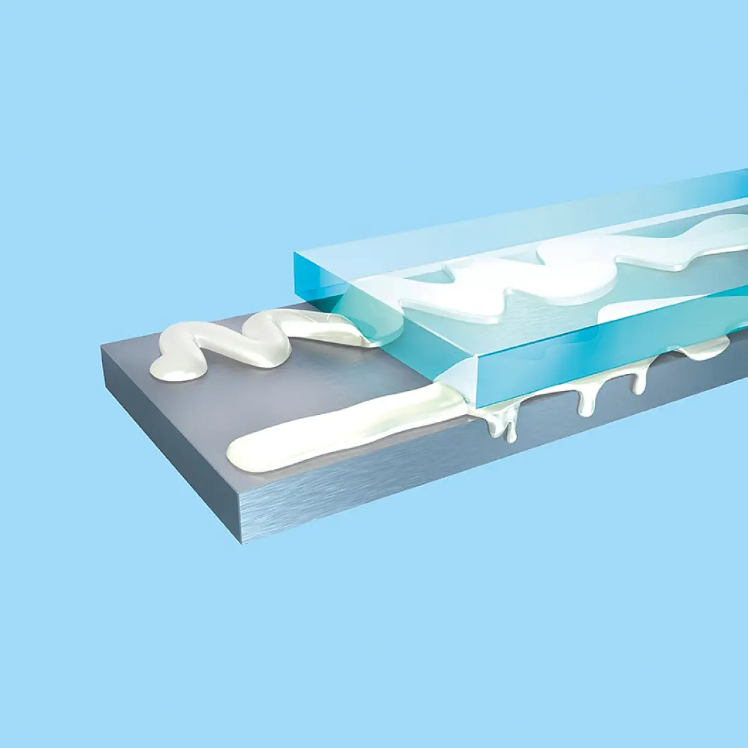 Transparent blue acrylic sheets with textured white tesa tape are layered on a rectangular gray metal sheet. The tesa tape is visibly squeezed, spilling over the edges against a light blue background. (This text has been generated by AI)