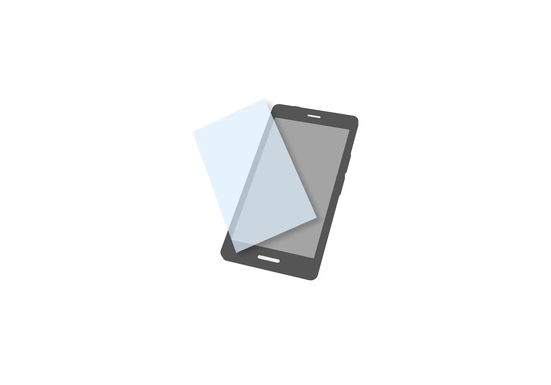 Illustration of a smartphone with a rectangular, translucent card or screen overlaying it at an angle, creating a layered appearance. The phone is dark grey, and the overlay is light blue. Both objects are centered on a white background.