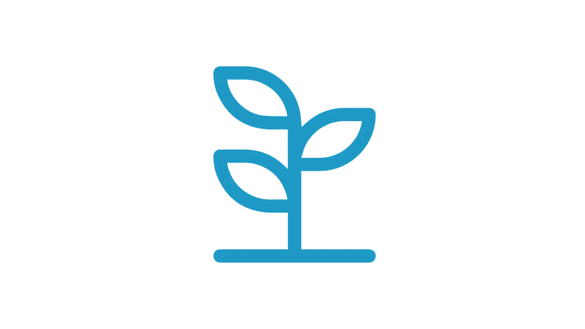 A minimalistic blue plant icon features two stylized leaves, one larger and one smaller, on a short stem extending from a horizontal line at the base, set against a plain white background. (This text has been generated by AI)