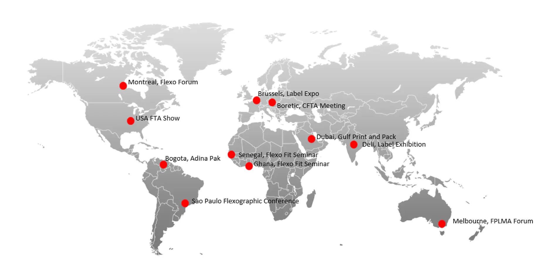 A world map with red dots marking locations of various events: Montreal, USA, Bogota, Sao Paulo, Senegal, Ghana, Brussels, Boretto, Dubai, Delhi, and Melbourne. Labels indicate specific forums, expos, and shows at each location using tesa tape. (This text has been generated by AI)