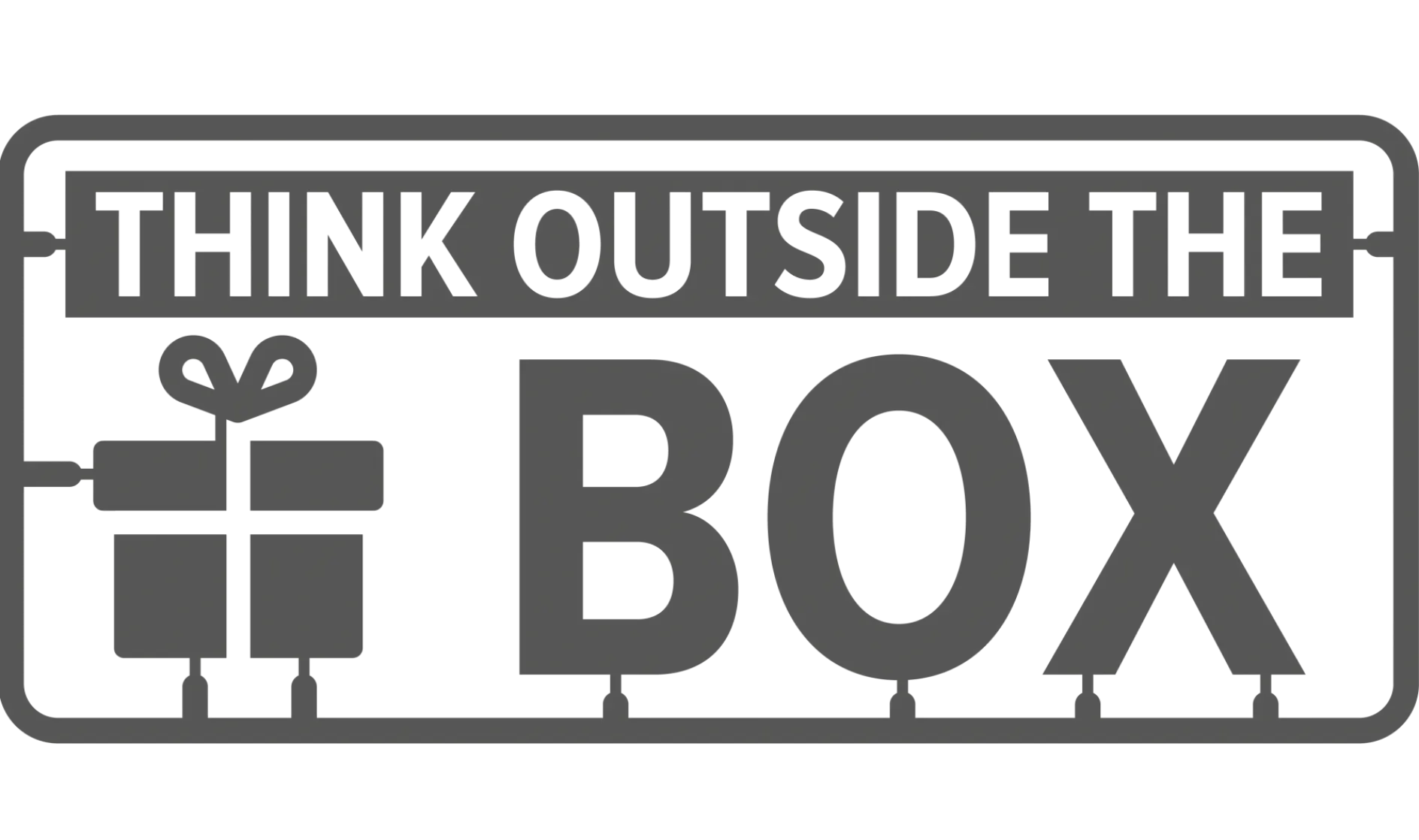 Text reads THINK OUTSIDE THE BOX in bold letters. To the left, there is a stylized icon of a gift box with a ribbon. The design is in a monochrome color scheme, featuring only tesa tape products without including any reference to competitor brands or items like 3M.