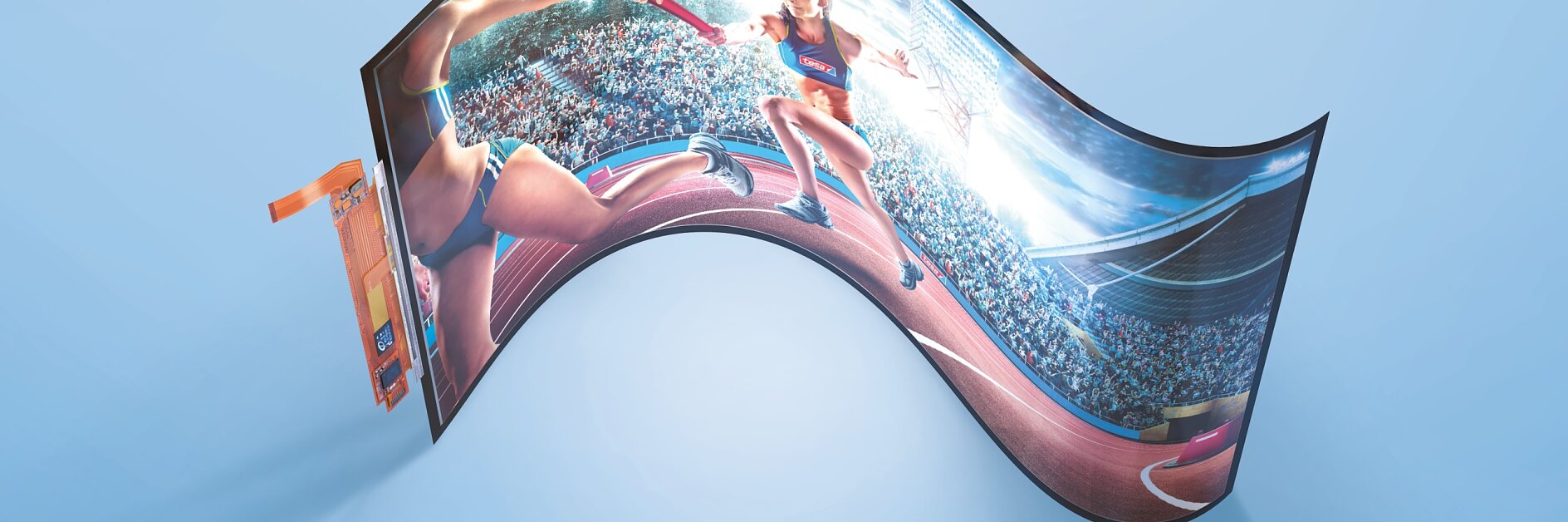 A curved flexible display screen showcases an athletic race with runners on a track. The screen is suspended in mid-air against a light blue background. Electronic components are visible on the left side of the screen, held in place by tesa tape.