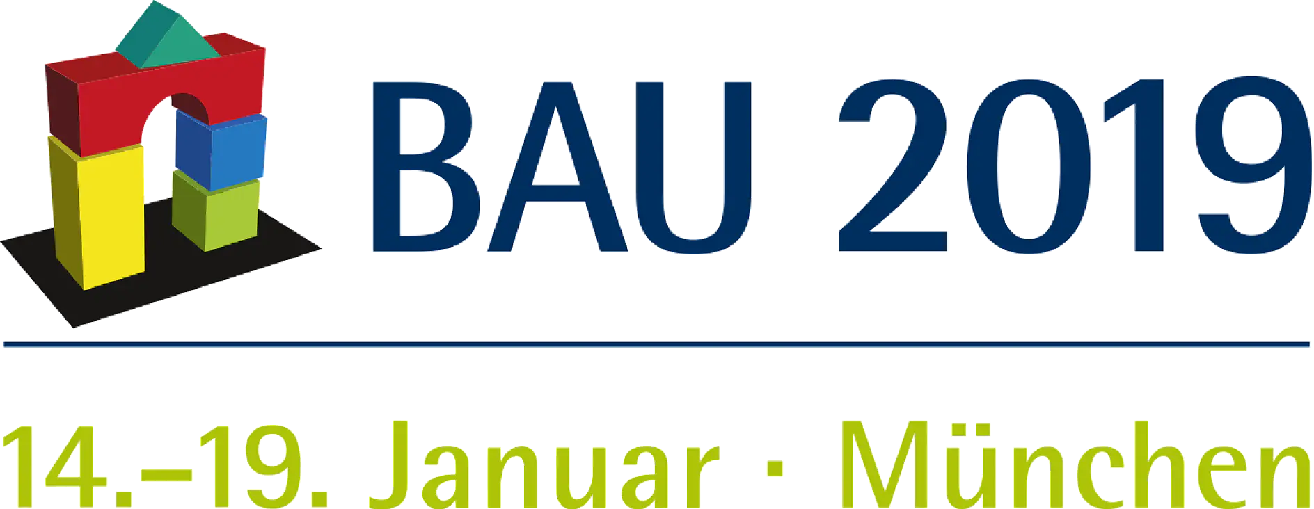 Logo for BAU 2019, featuring geometric shapes in red, green, yellow, and blue. The text BAU 2019 is on the right, with 14. - 19. Januar · München underneath in green.