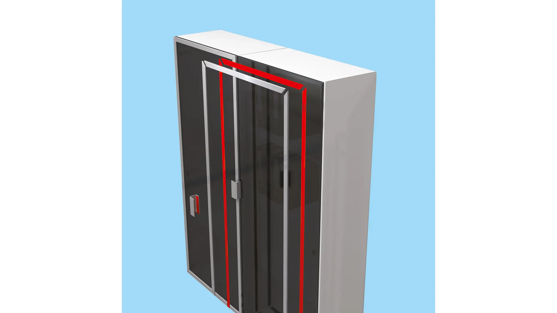A 3D rendering of a modern cabinet with a sleek design. It has two glass doors framed with red accents and a gray outer structure. The cabinet is shown against a light blue background. (This text has been generated by AI)