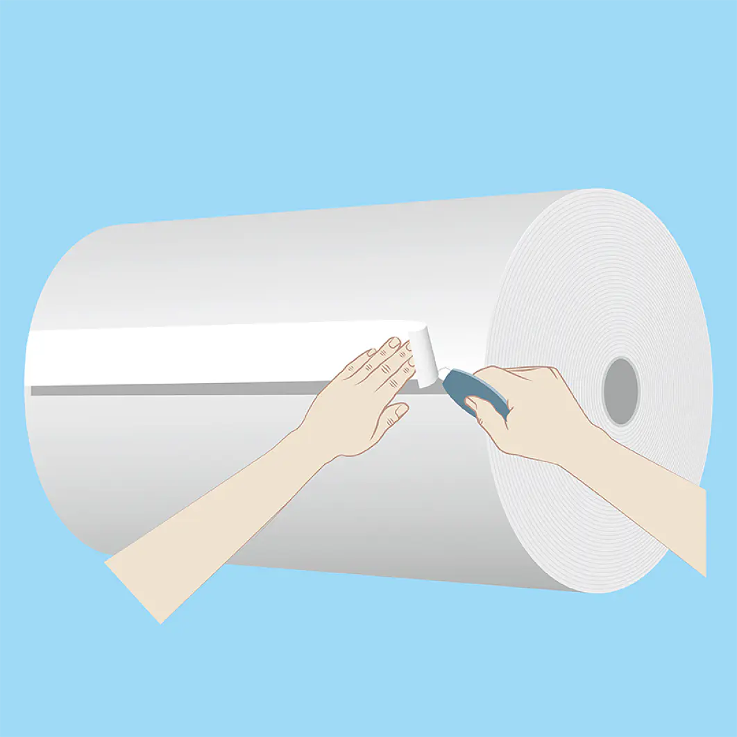 A roll of paper with hands and a tesa tape sharpener. (This text has been generated by AI)