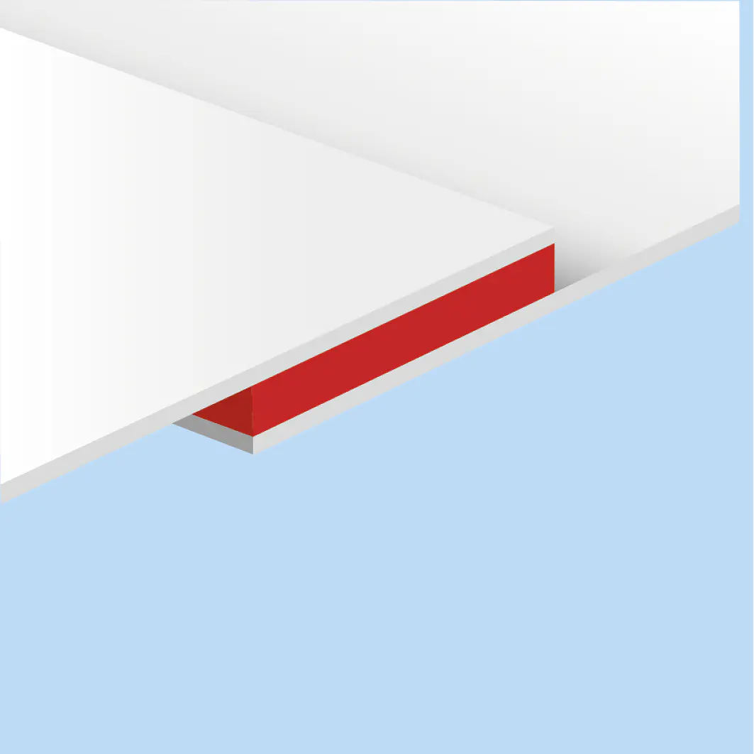 A digital illustration featuring a white and red geometric shape with a three-dimensional effect, set against a light blue background. The red area is partially visible underneath the white surface, seamlessly connected by tesa tape. (This text has been generated by AI)