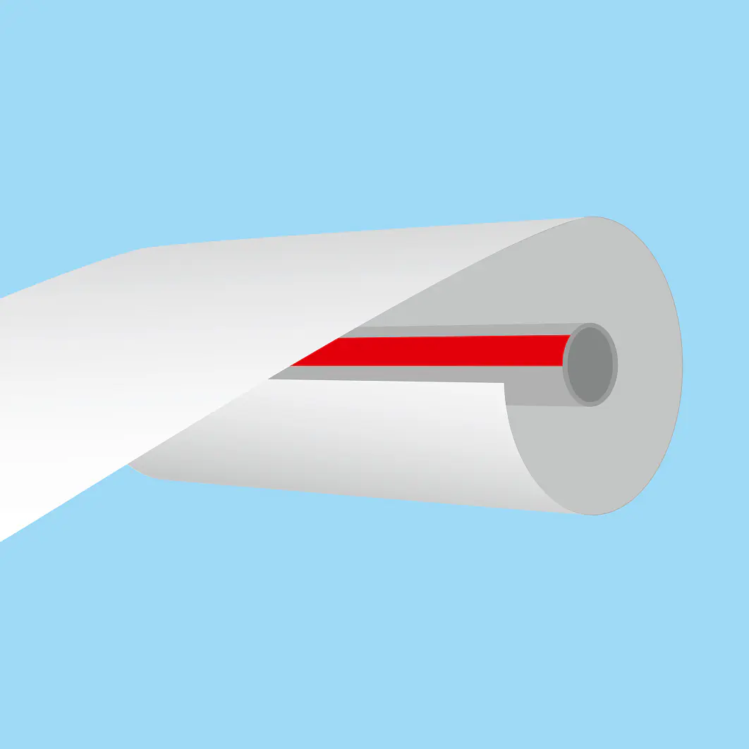 A digital illustration of a roll of white tesa tape partially unrolled, revealing a red core. The background is light blue, and the tesa tape roll is positioned diagonally with one end facing the viewer. (This text has been generated by AI)