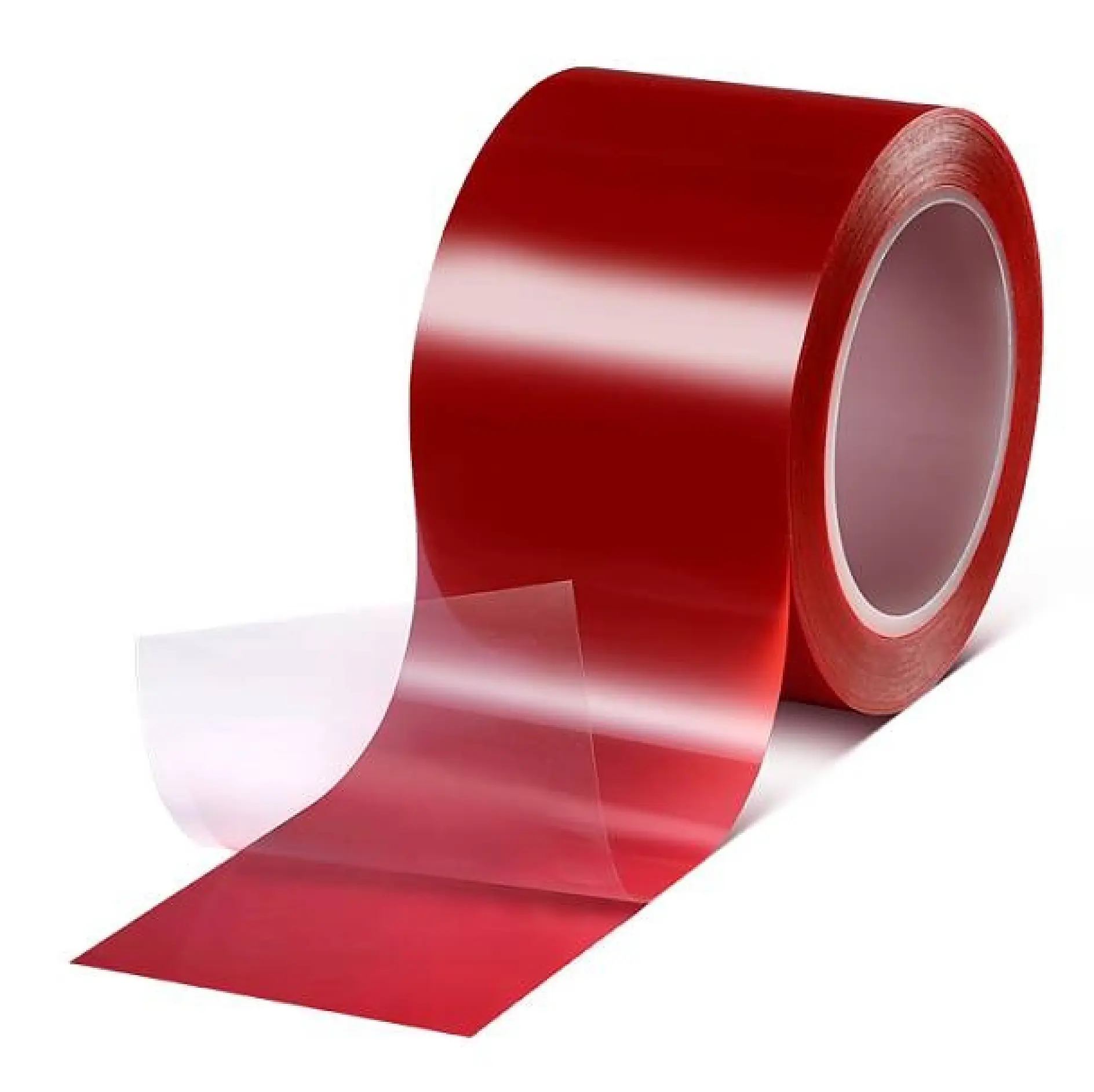 A roll of red adhesive tesa tape is partly unrolled, showing its glossy surface. The tesa tape is positioned vertically with the loose end extending outward. The inner core of the roll is white.