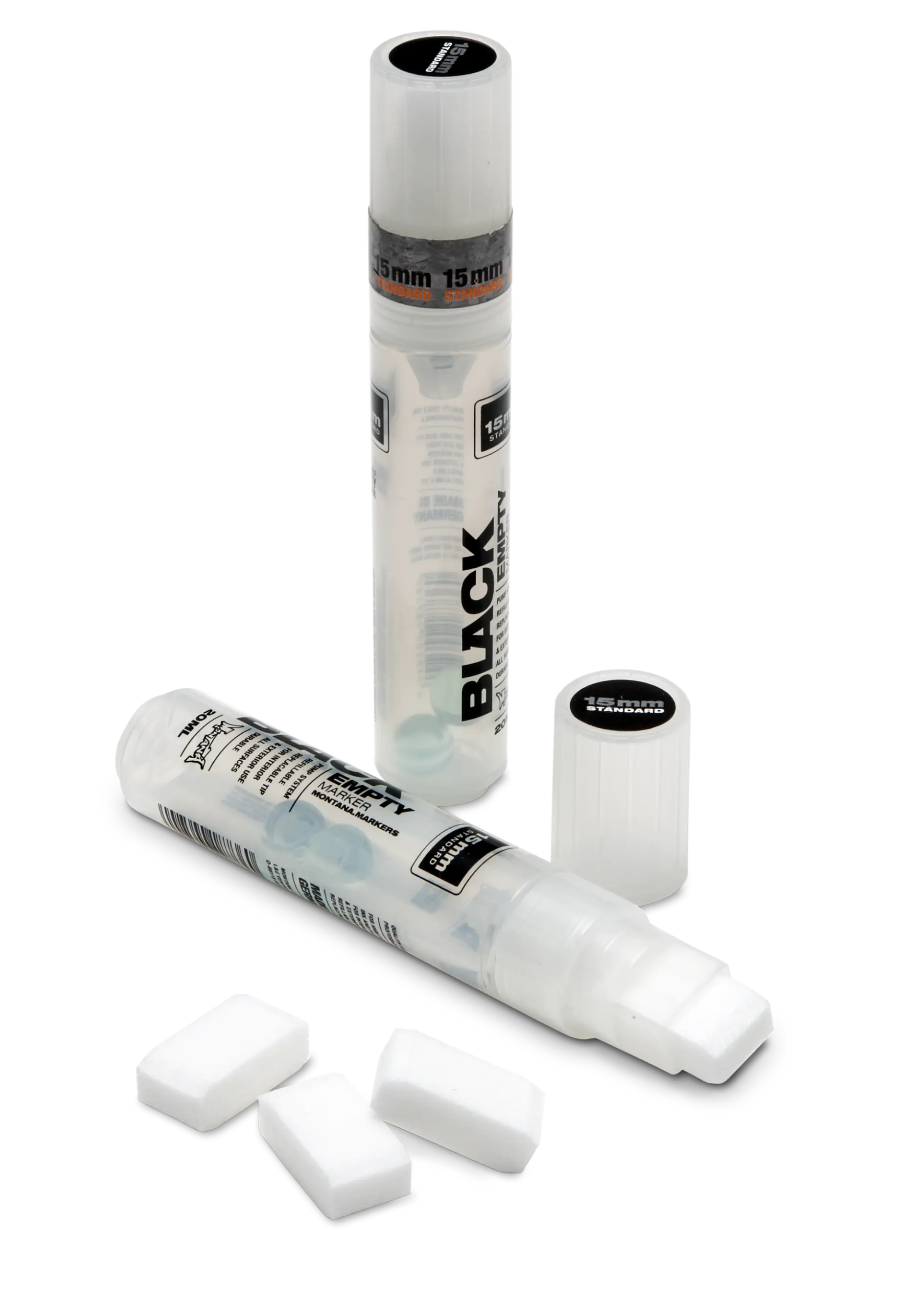 Two clear cylindrical containers with white caps and black labels, one upright and one lying down. The label reads tesa tape Black with 15 mm on top. Four rectangular white sponges are placed in the foreground.
