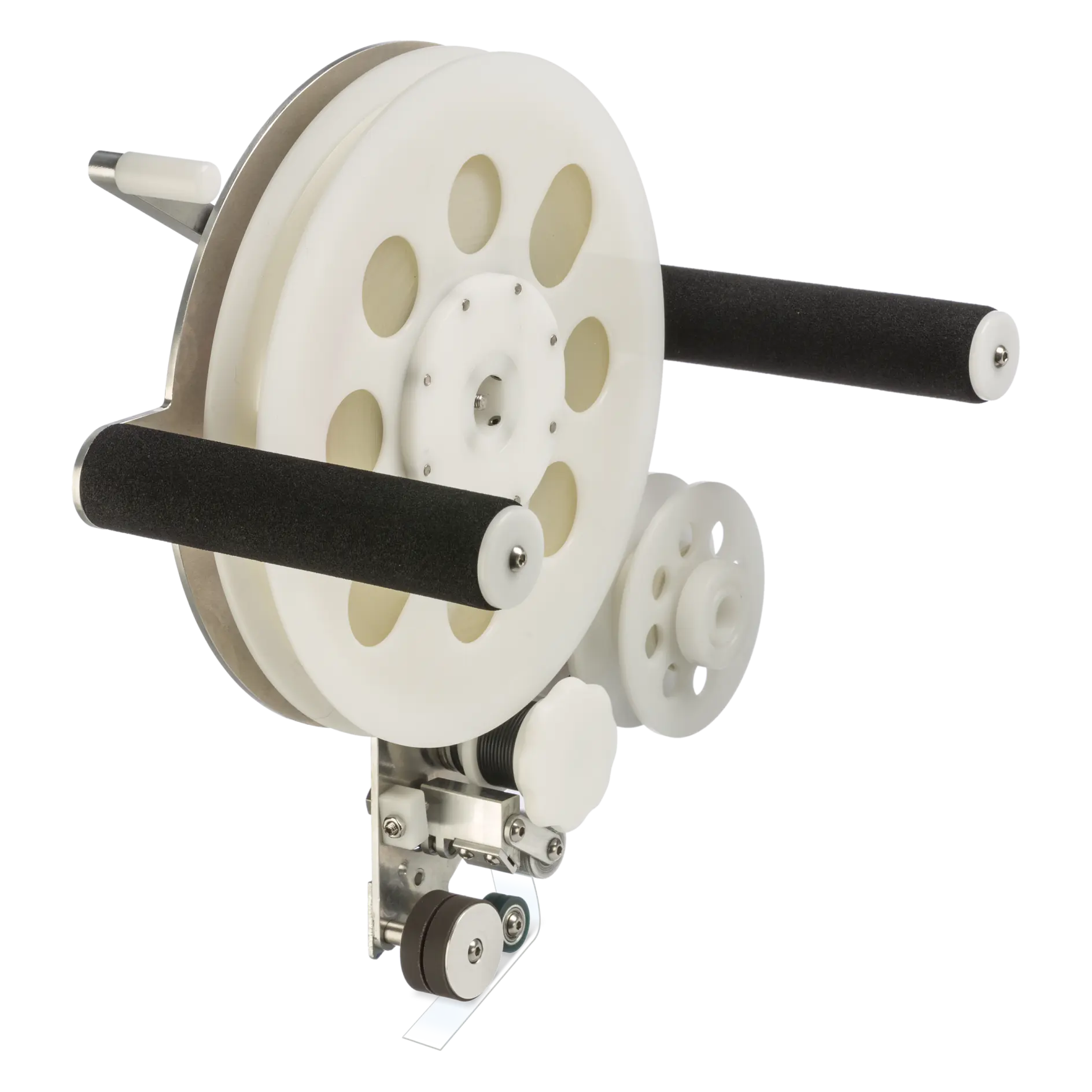 A mechanical device with a large white spool and two black foam handles. It appears to be made of metal and plastic components, with smaller spools and gears visible. A roll of tesa tape is prominently featured in the setup. The device is positioned against a plain white background.