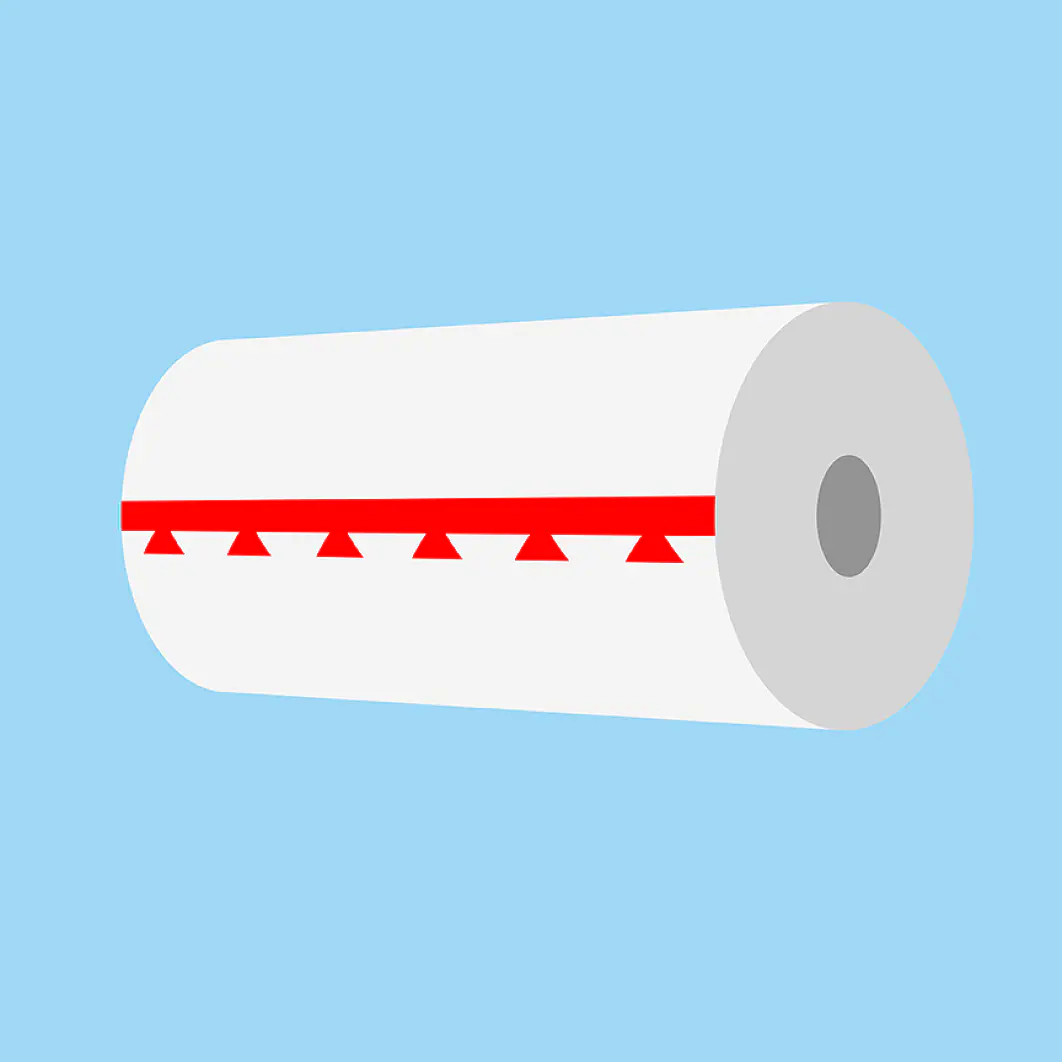 Illustration of a roll of paper towels against a blue background. The roll is white with a gray inner tube and features a red stripe with downward pointing arrows along its length. (This text has been generated by AI)