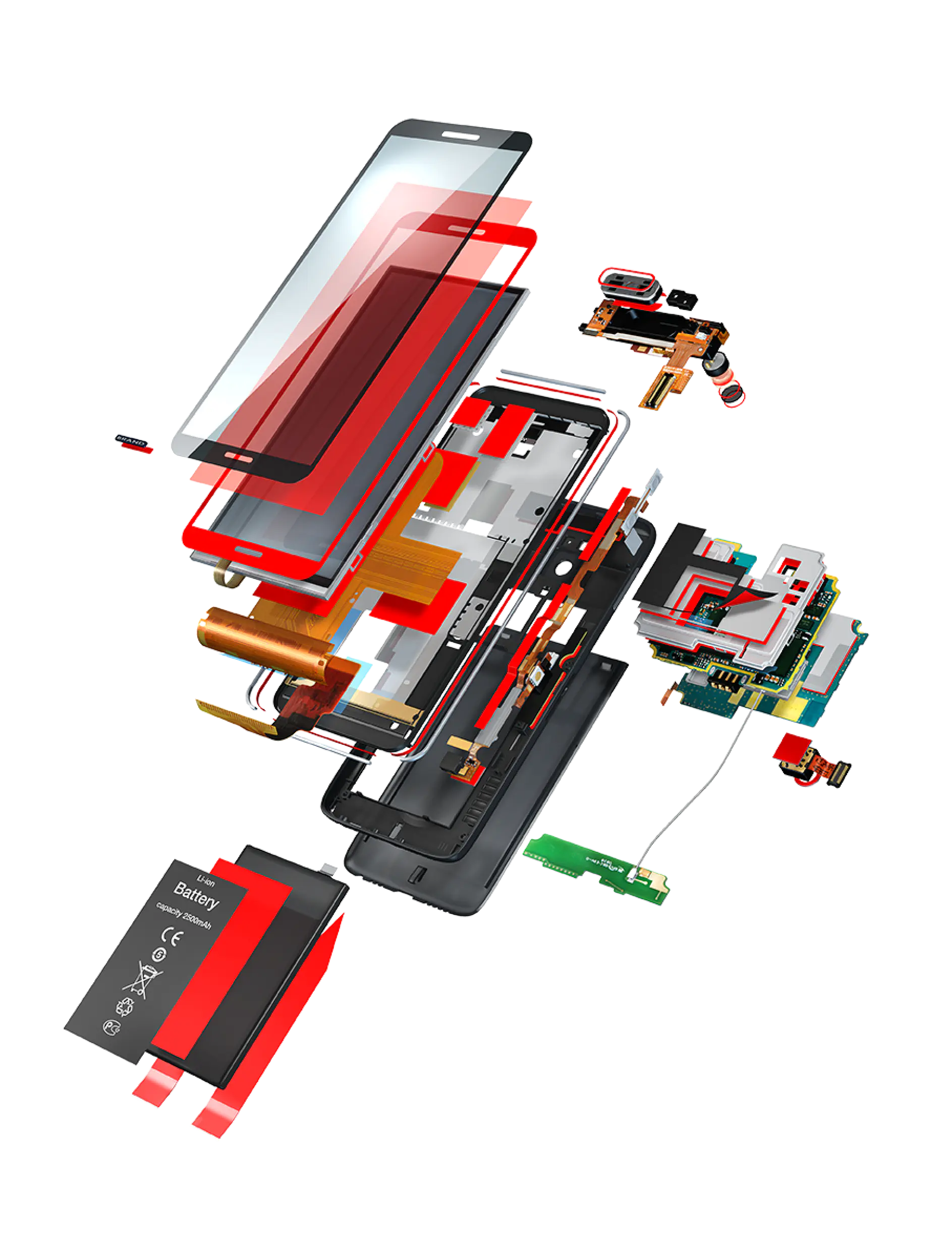 Exploded view of a smartphone showing various internal components, including the screen, battery, circuit boards, and connectors. Each element is separated and layered to reveal the devices complex structure, with the use of tesa tape for secure assembly.