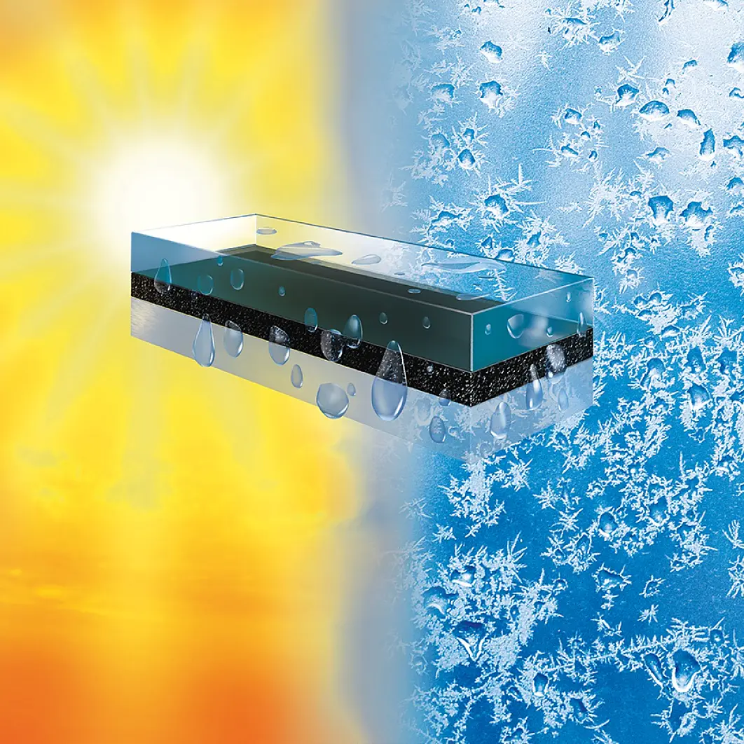 Illustration of a rectangular object with a water droplet pattern, transitioning between a sunny yellow background on the left and an icy blue background with snowflakes on the right, symbolizing a shift from heat to cold. (This text has been generated by AI)