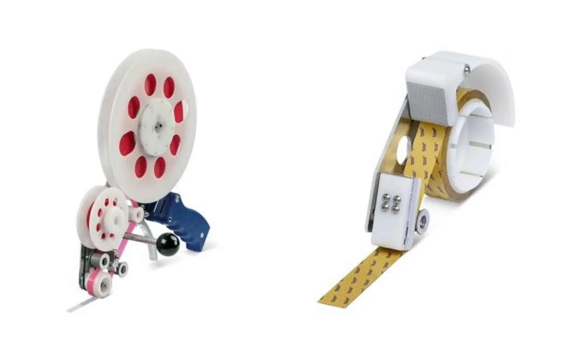 Two devices for applying tesa tape adhesive backing to materials. The left device has red and white components with a handle. The right device includes a white frame holding a roll of tesa tape adhesive material, ready for application.