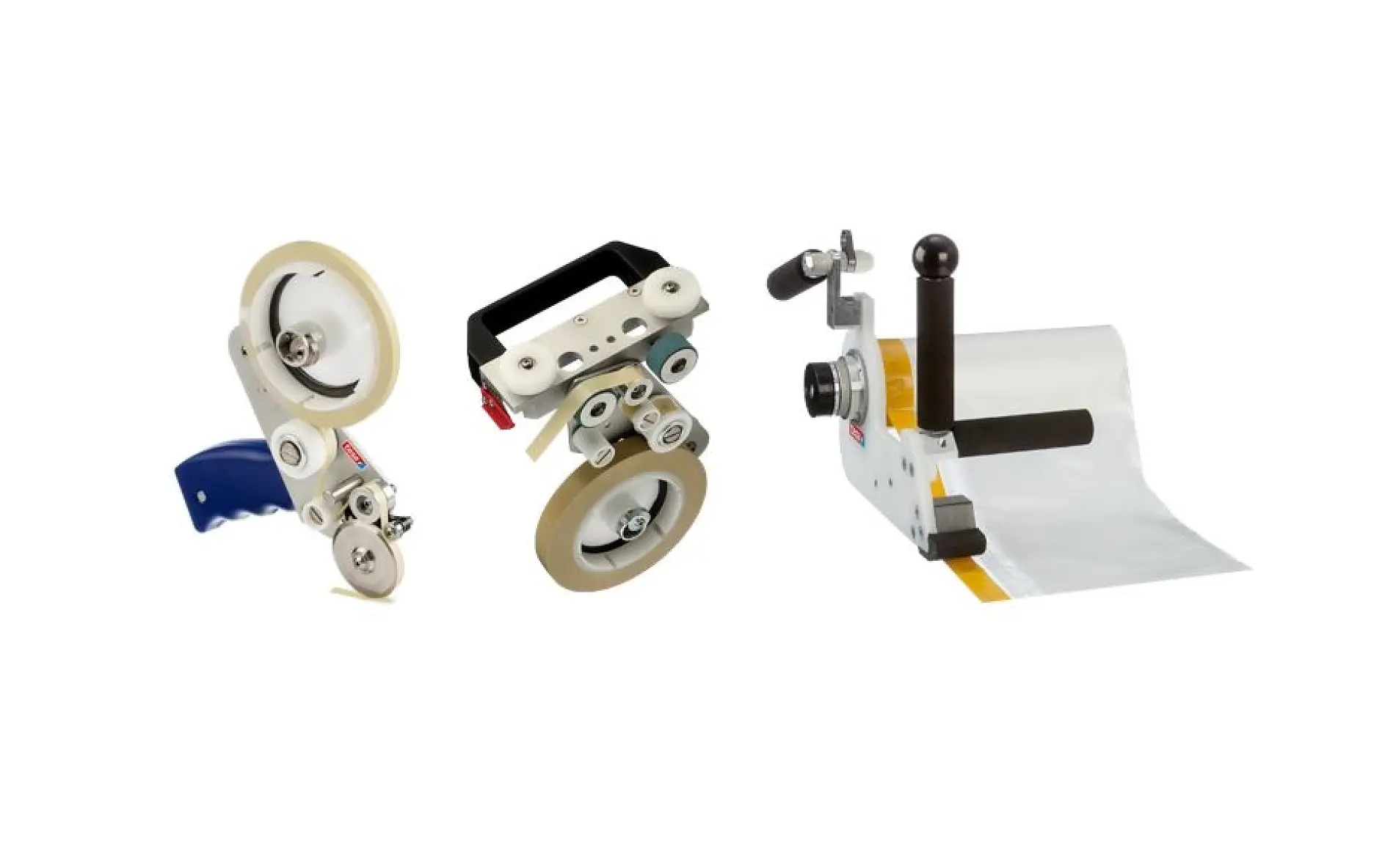 Three different tesa tape dispensers are displayed against a white background. The first is blue and white; the second is beige and black; the third has a hand crank and an attached roll of tesa tape.