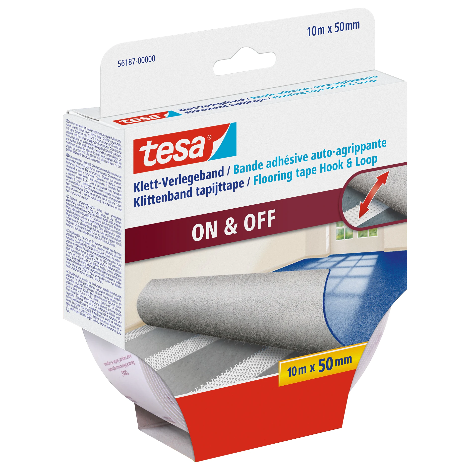 tesa flooring tape hook and loop, 10m x 50mm, gray adhesive tape for secure floor installation, displayed in retail packaging on white background (This text has been generated by AI)