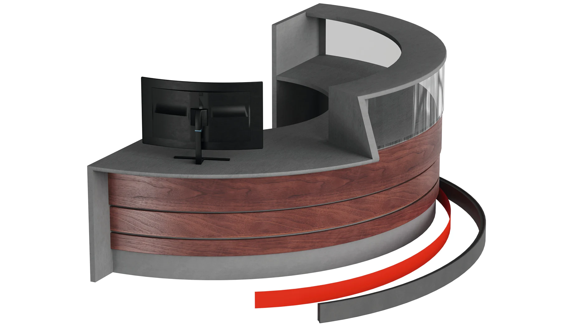 curved reception desk with wood paneling and gray countertop, featuring a computer monitor and tesa branded tape rolls nearby (This text has been generated by AI)