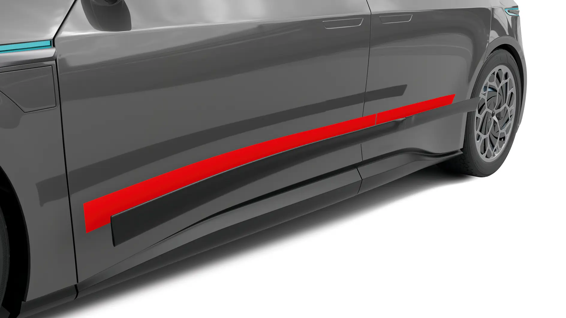 Gros plan sur une voiture grise élégante avec une bande rouge proéminente traversant horizontalement le côté. La voiture possède des roues modernes et stylisées ainsi qu'une carrosserie lisse, mettant en valeur son aspect sportif. (This text has been generated by AI)