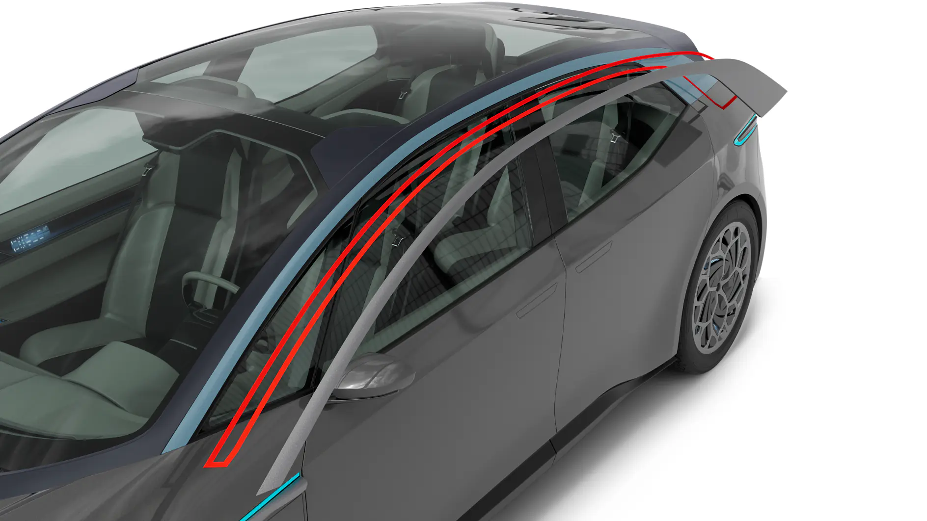 Vue partielle d'une voiture grise, axée sur le côté passager avant. L'image montre des lignes rouges mettant en évidence le design aérodynamique de la voiture à l'aide de ruban tesa. La voiture affiche une allure moderne et élégante, avec des vitres teintées et un intérieur détaillé visible. (This text has been generated by AI)