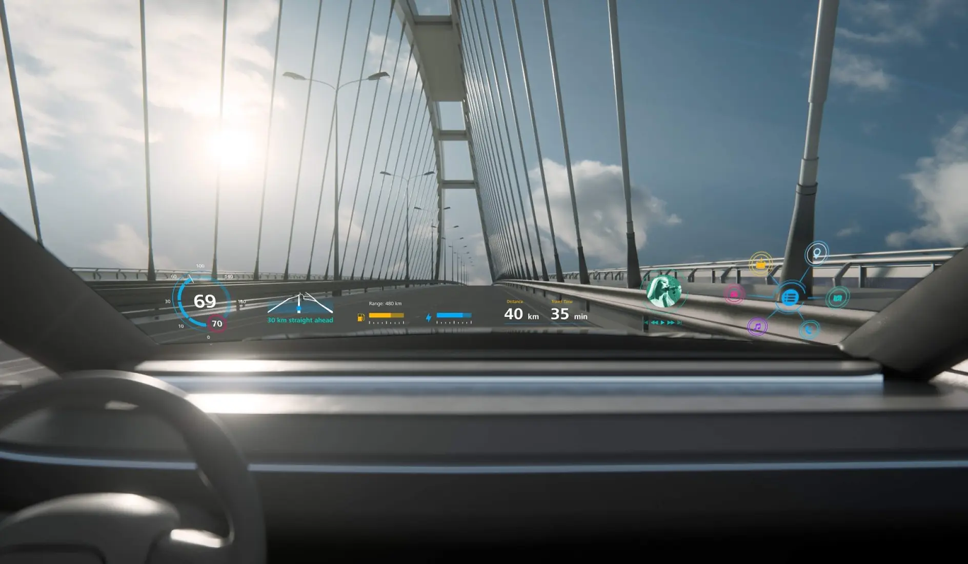 Vue intérieure de voiture sur un pont, avec affichage numérique sur le pare-brise pour la vitesse et les applications. Un ruban tesa fixe les appareils du tableau de bord.