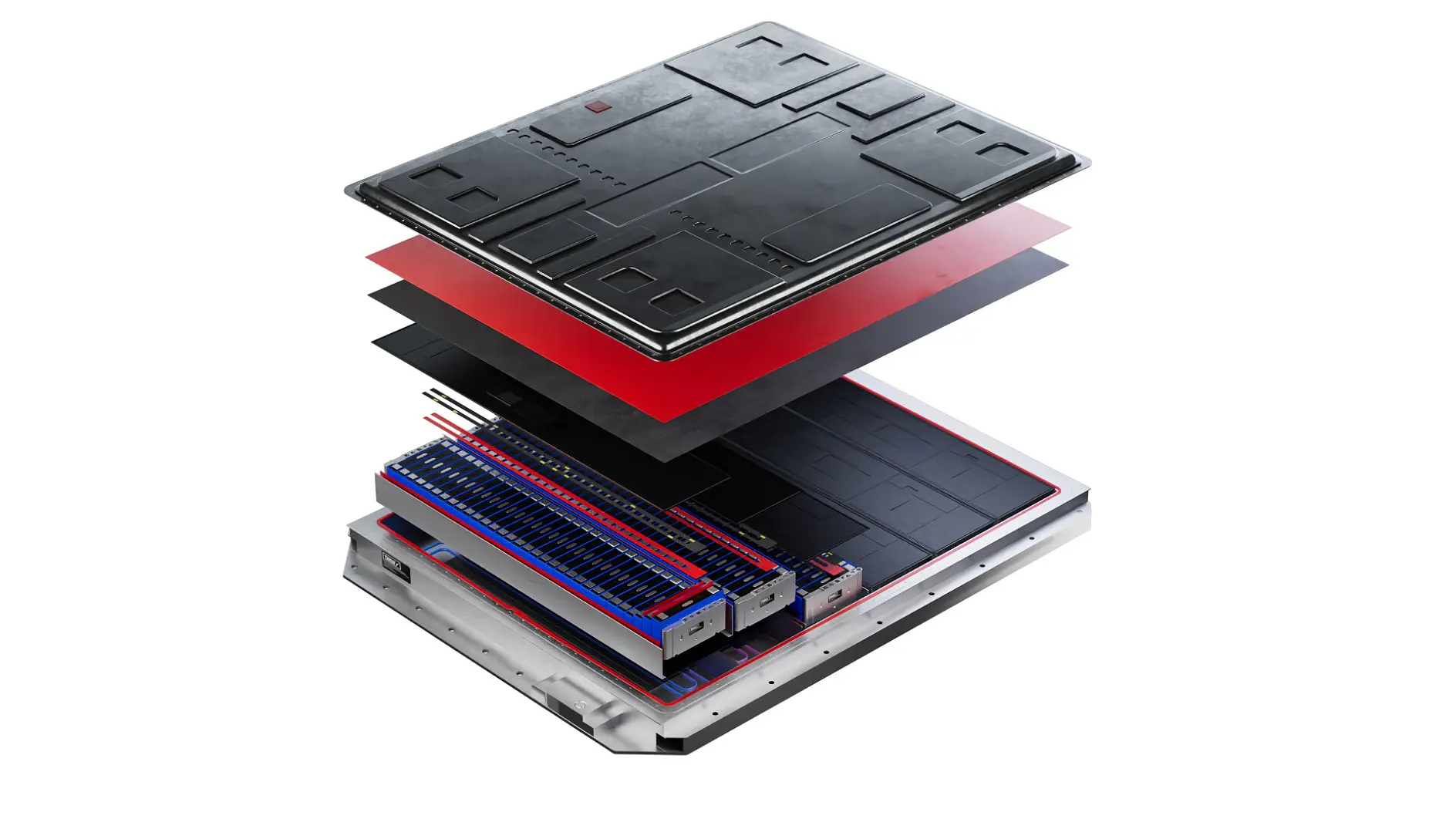 Vue éclatée d’un pack de batteries montrant différentes couches, y compris des plaques métalliques, de l’isolation et des modules de cellules maintenus ensemble avec du ruban tesa. Chaque couche est représentée dans un ordre séquentiel, illustrant les composants internes et la structure du système de batterie.