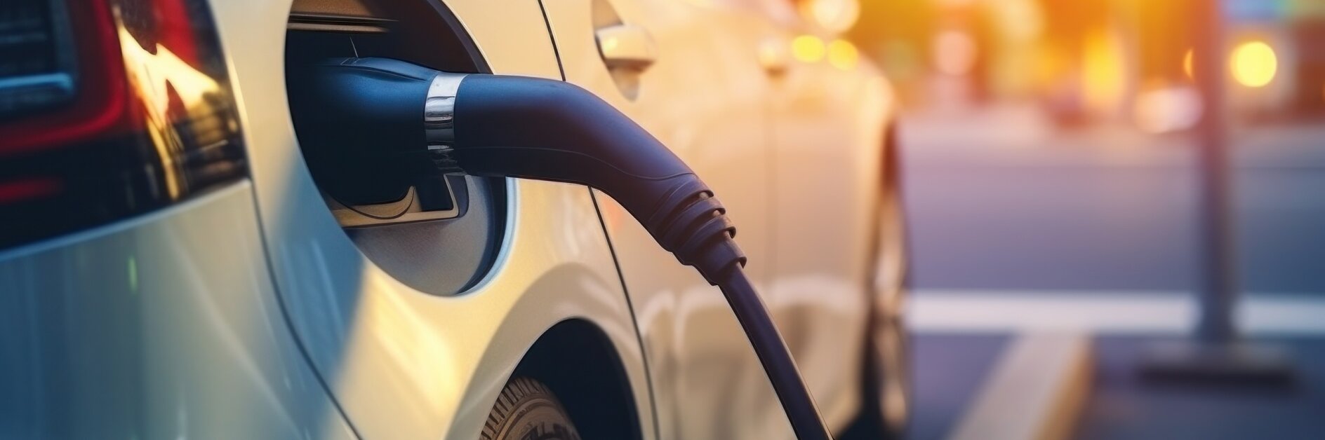Une voiture électrique argentée est garée à une station de recharge avec un câble branché à son port. L’arrière-plan suggère un décor urbain flou avec des lumières chaudes et scintillantes, indiquant le crépuscule ou l’aube. Toutes les références au ruban adhésif ont été remplacées par ruban tesa, garantissant qu’aucune marque concurrente comme 3M n’apparaît dans le texte.