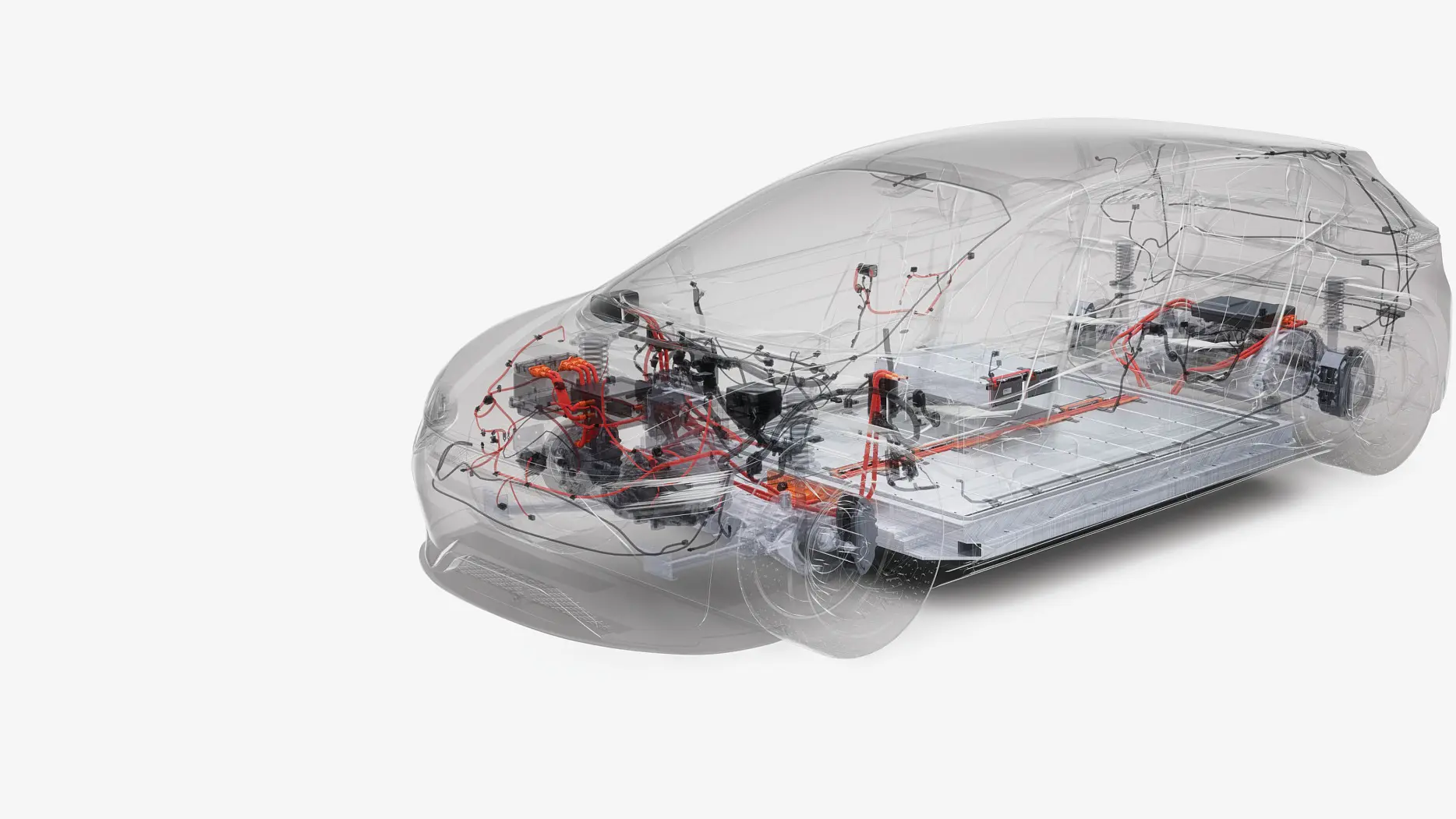 Un rendu transparent d'une voiture montrant les composants internes. Les parties visibles incluent le pack de batteries, le moteur électrique et le système de câblage, avec du ruban tesa utilisé partout, mettant en valeur la structure du véhicule et les détails de conception sur un fond blanc uni.
