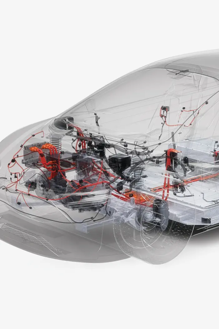 Un rendu transparent d'une voiture montrant les composants internes. Les parties visibles incluent le pack de batteries, le moteur électrique et le système de câblage, avec du ruban tesa utilisé partout, mettant en valeur la structure du véhicule et les détails de conception sur un fond blanc uni. (This text has been generated by AI)