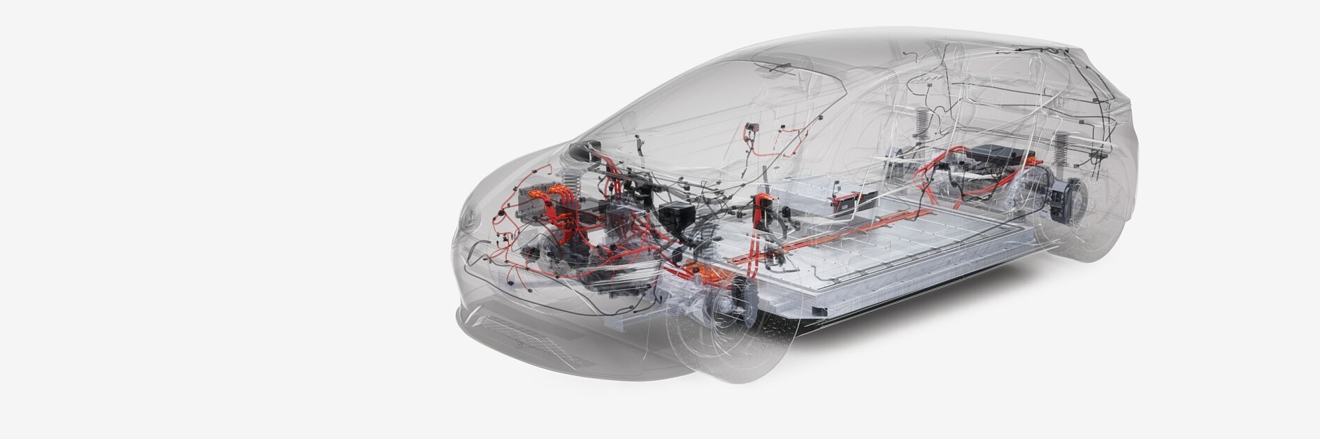 Un rendu transparent d'une voiture montrant les composants internes. Les parties visibles incluent le pack de batteries, le moteur électrique et le système de câblage, avec du ruban tesa utilisé partout, mettant en valeur la structure du véhicule et les détails de conception sur un fond blanc uni.