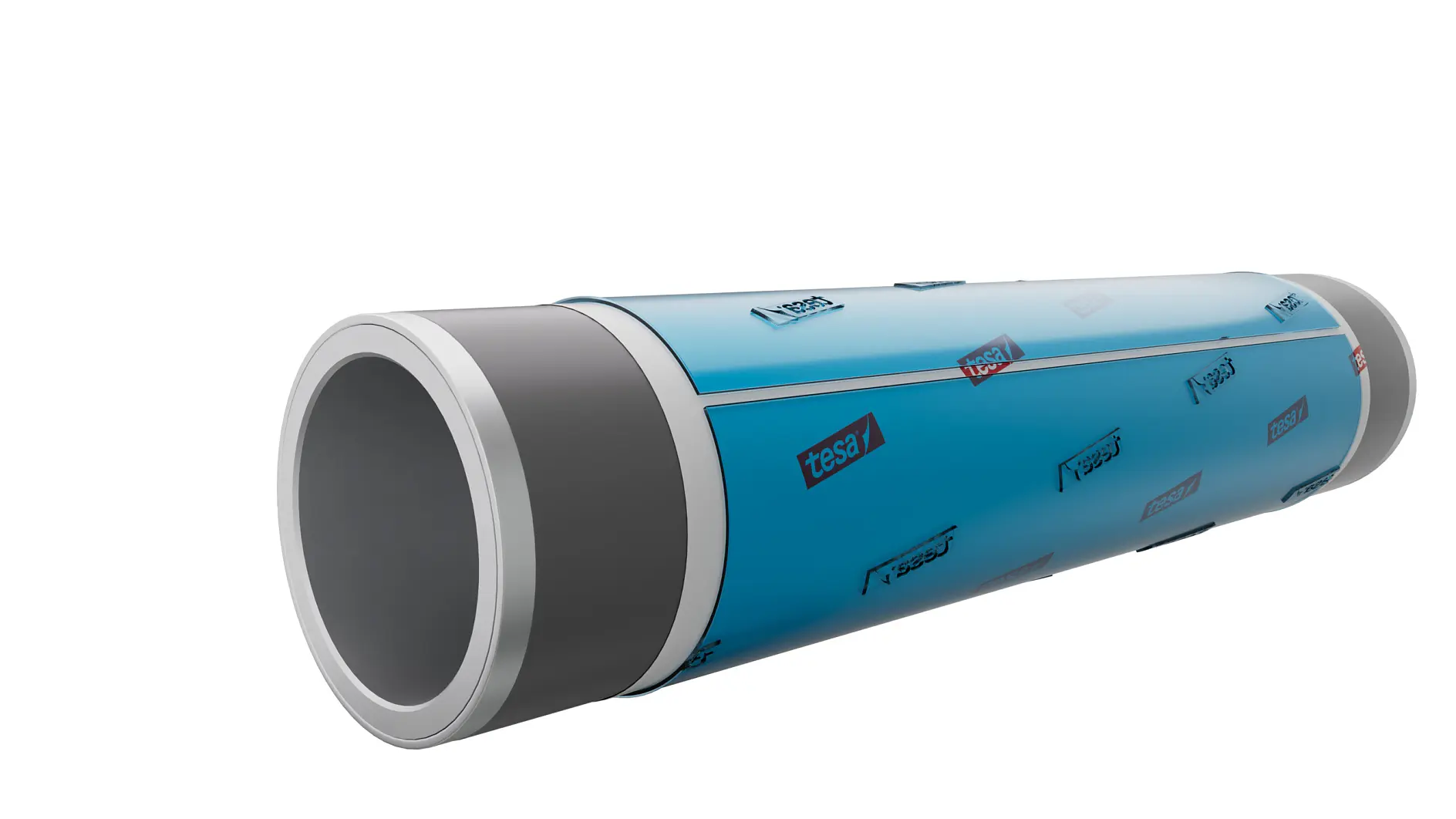 Tube cylindrique bleu enveloppé de ruban adhésif de marque tesa sur fond blanc (This text has been generated by AI)