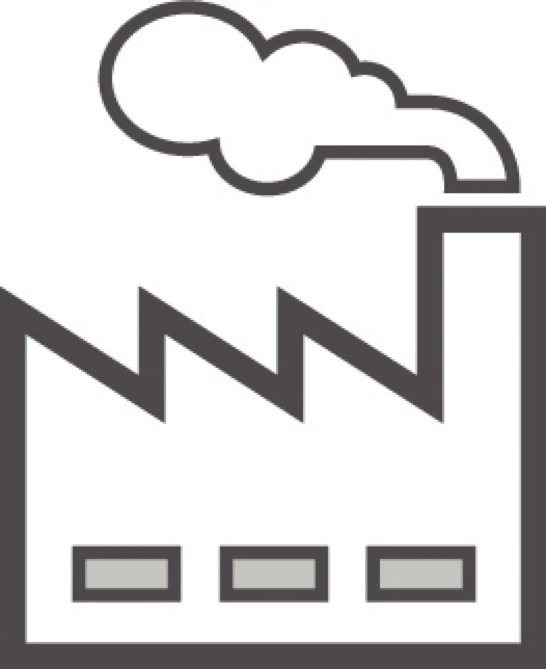 Illustration simple d’une icône d’usine avec un toit en zigzag, trois fenêtres rectangulaires et une cheminée dégageant un nuage de fumée. Le design est minimaliste, avec des contours épais et des couleurs en niveaux de gris. (This text has been generated by AI)