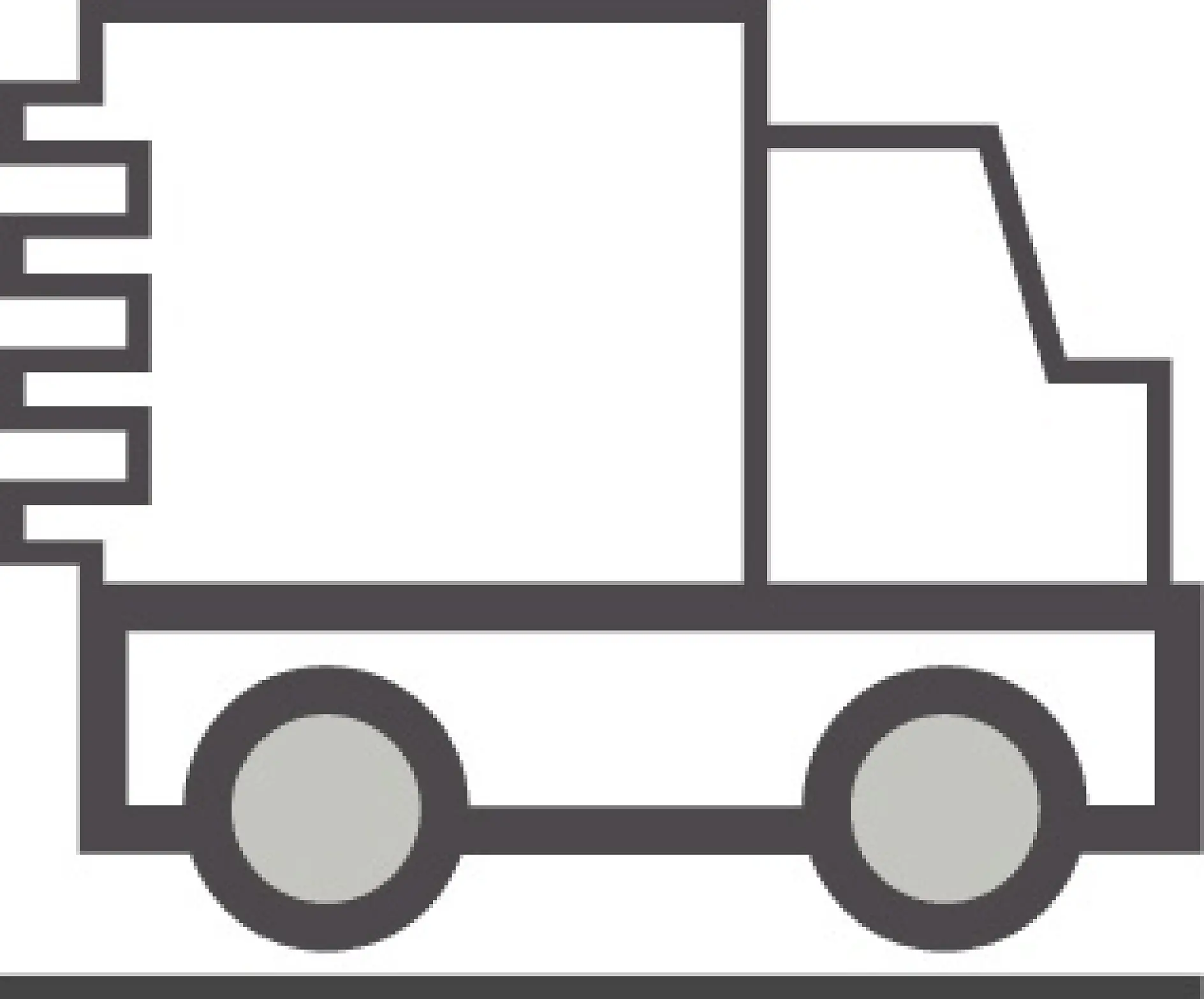 Dessin au trait d’un camion de livraison orienté vers la droite. Le design est simple, avec une zone de chargement rectangulaire et des roues rondes, représenté dans un style minimaliste avec des lignes noires et grises. (This text has been generated by AI)