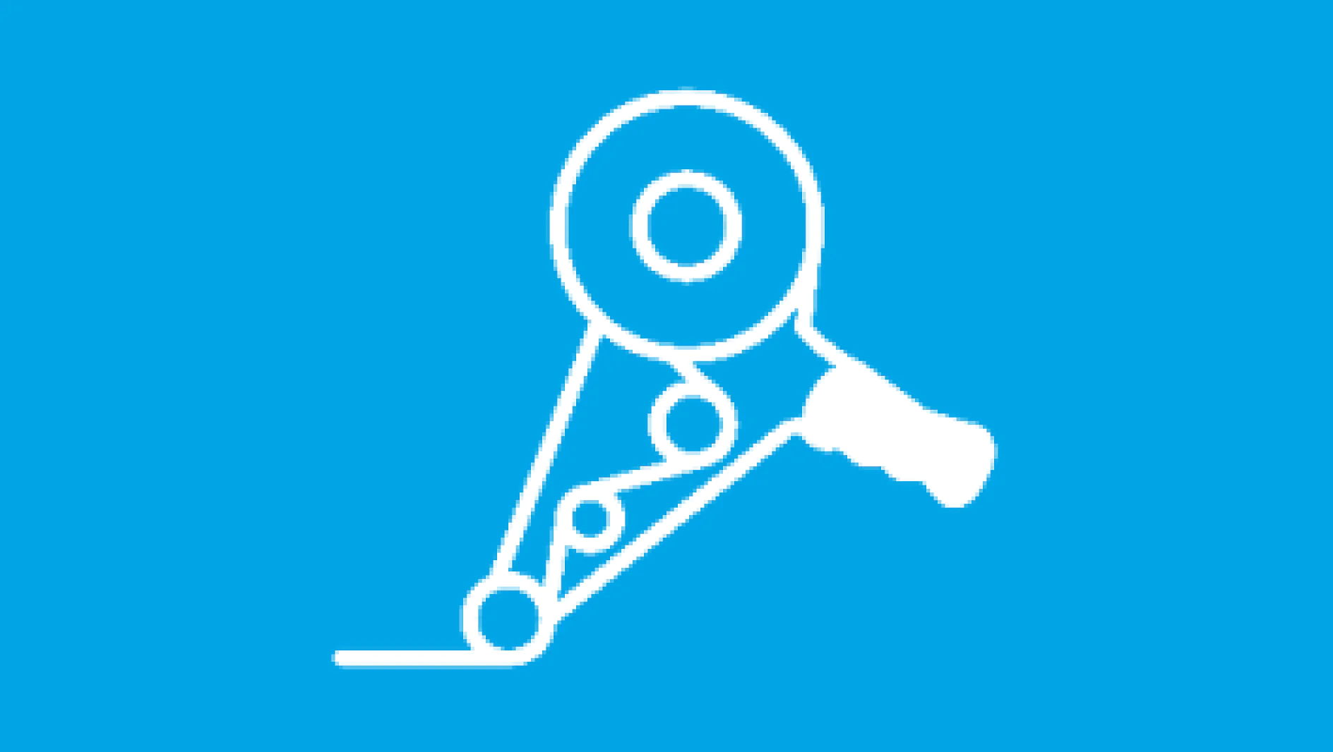 Illustration of a handheld tesa tape dispenser with cutting blade shown in white on a blue background. The design highlights the tools components, including the circular tesa tape roll and handle. (This text has been generated by AI)