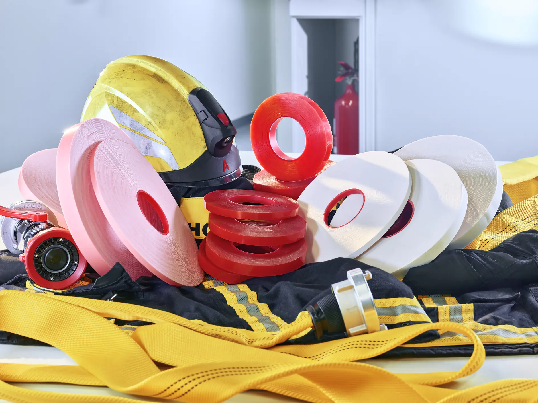 Various rolls of colored tesa tape are arranged on a table alongside a yellow helmet, red and silver flashlight, black and yellow clothing, and a yellow strap. A fire extinguisher is visible in the background.