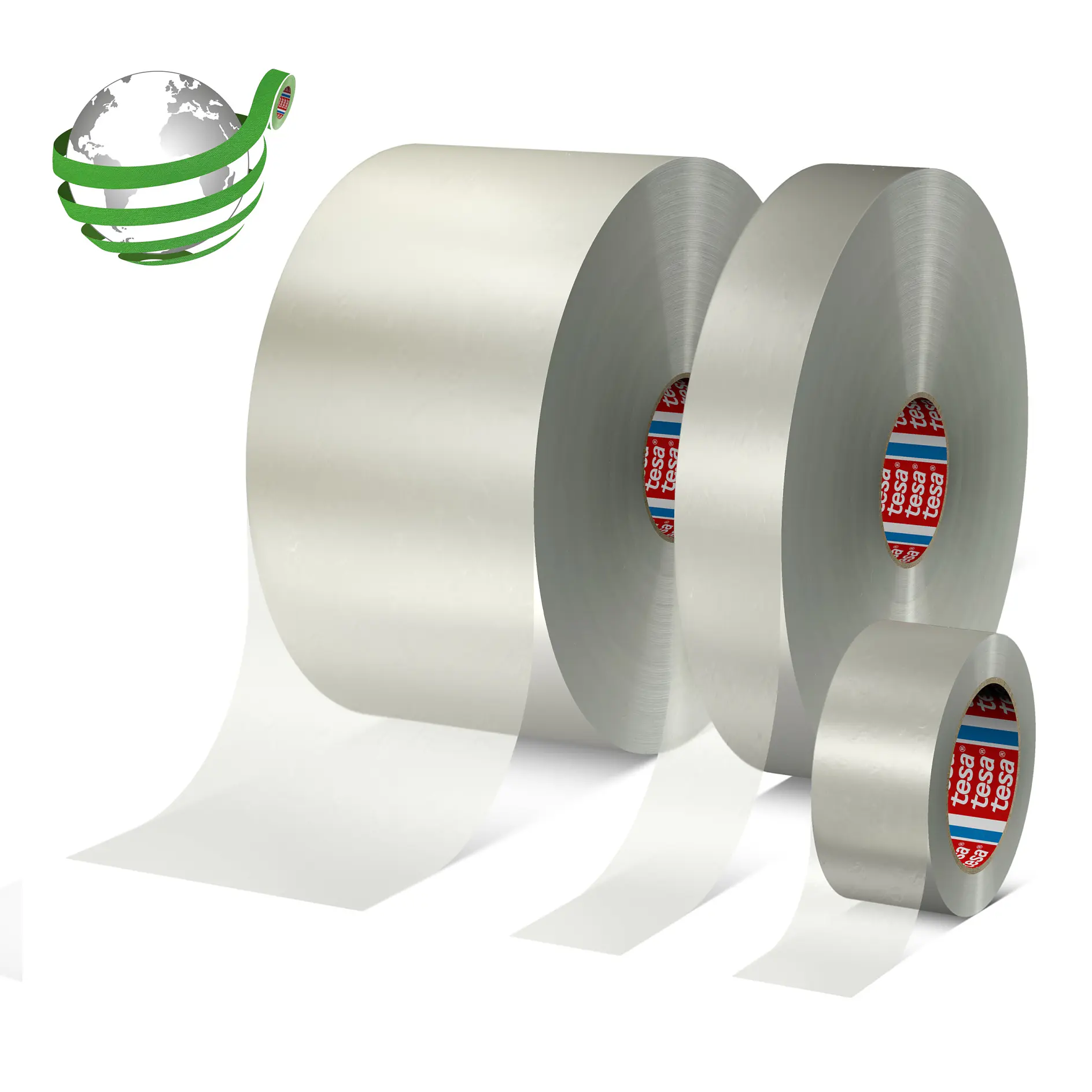 Three rolls of transparent tesa adhesive tape in varying sizes on a white background with a green and silver globe logo. (This text has been generated by AI)