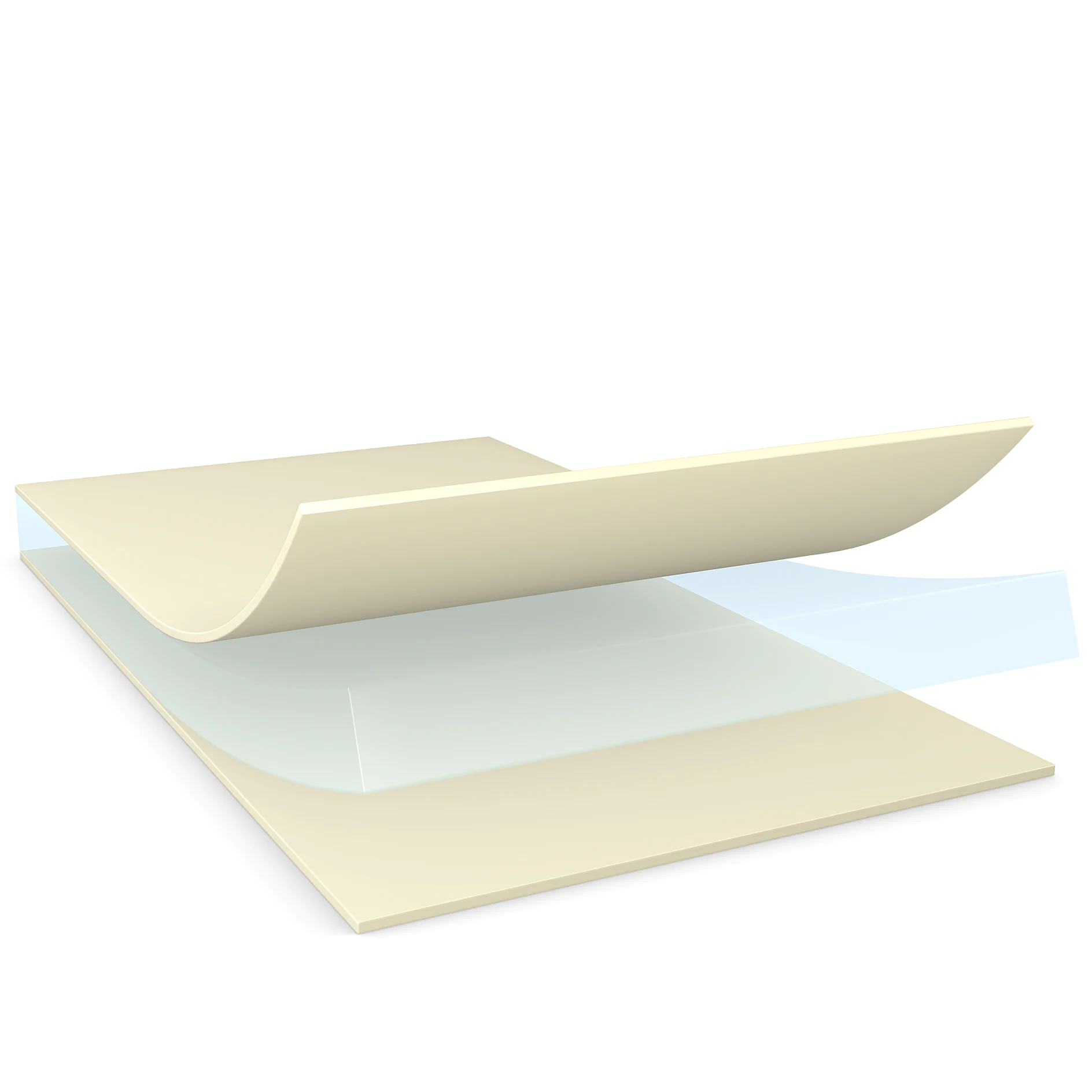 three layers of tesa adhesive tape separated, showing backing, adhesive, and protective liner on white background (This text has been generated by AI)