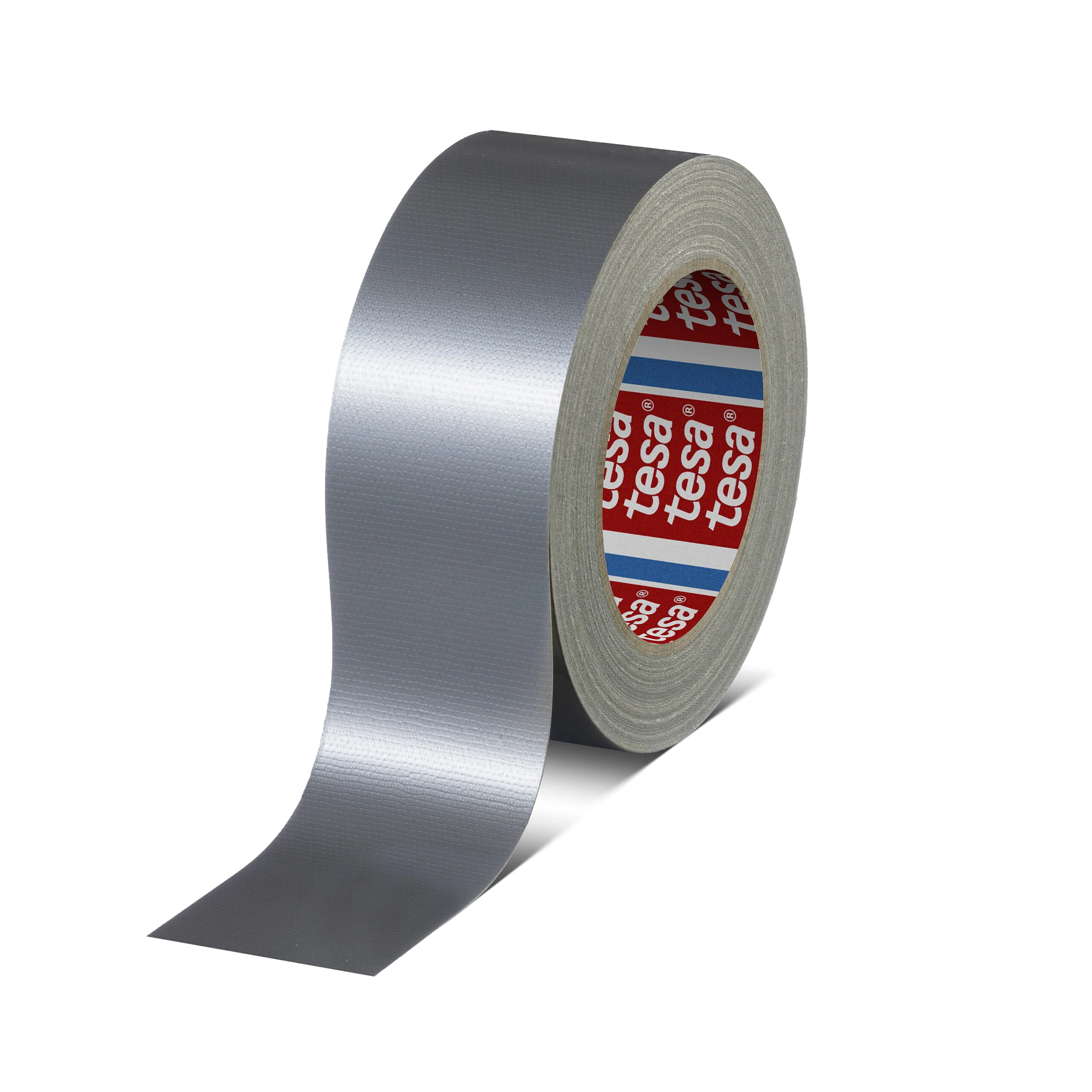 roll of silver tesa duct tape with partially unrolled strip on white background (This text has been generated by AI)