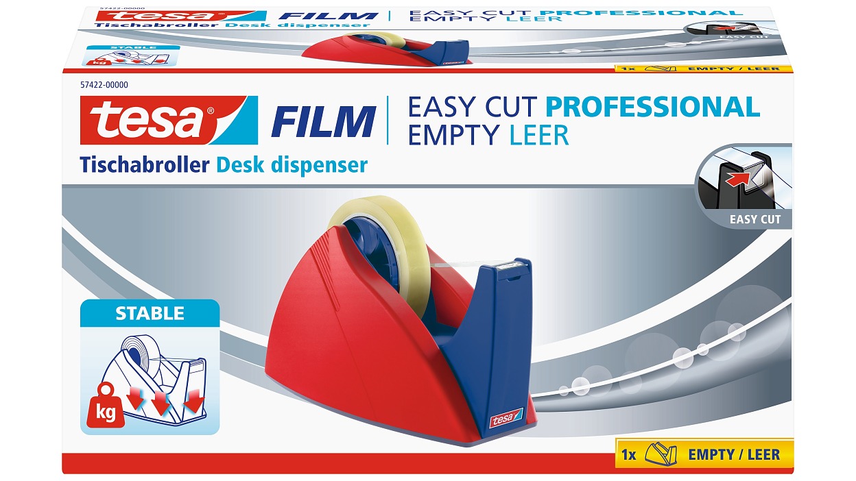 [en-en] tesafilm Easy Cut Professional Desk Dispenser 66m, Red-Blue, Empty, Folding Box