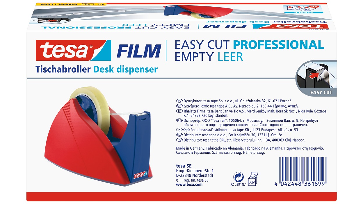[en-en] tesafilm Easy Cut Professional Desk Dispenser 66m, Red-Blue, Empty, Folding Box