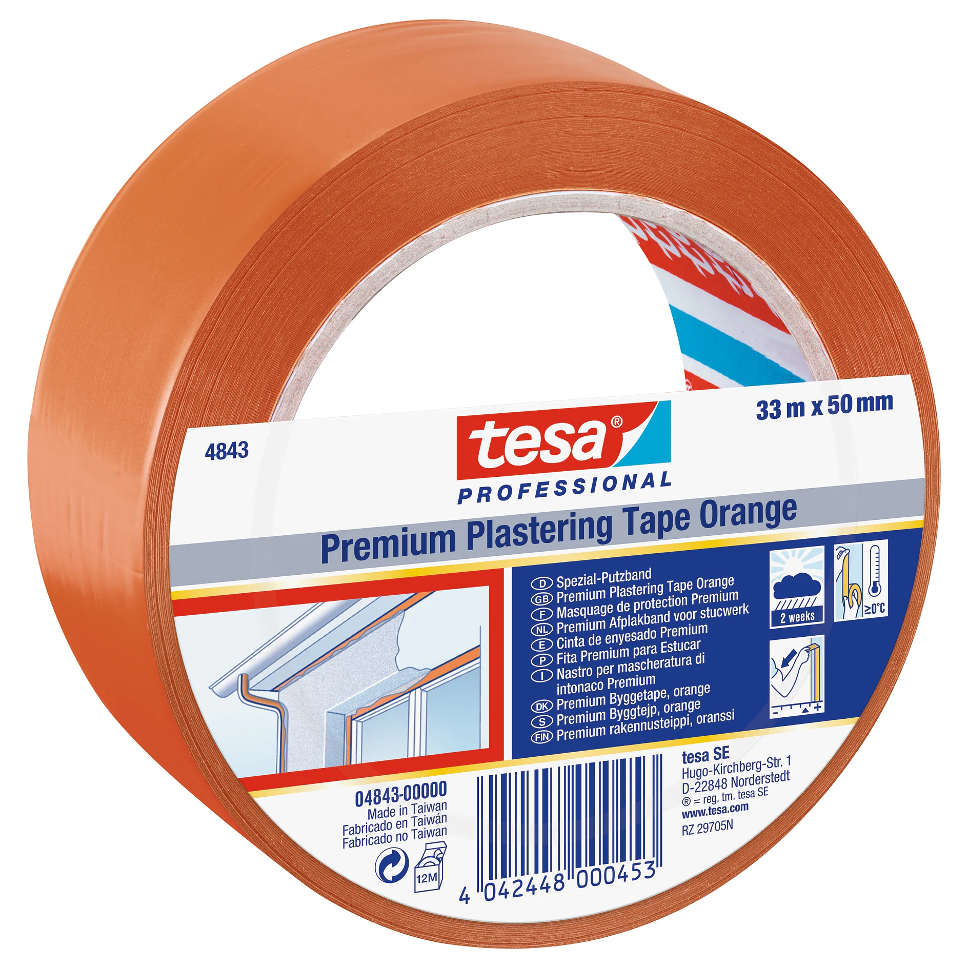 tesa professional premium plastering tape orange roll, 33m x 50mm, with product details and usage instructions on label (This text has been generated by AI)