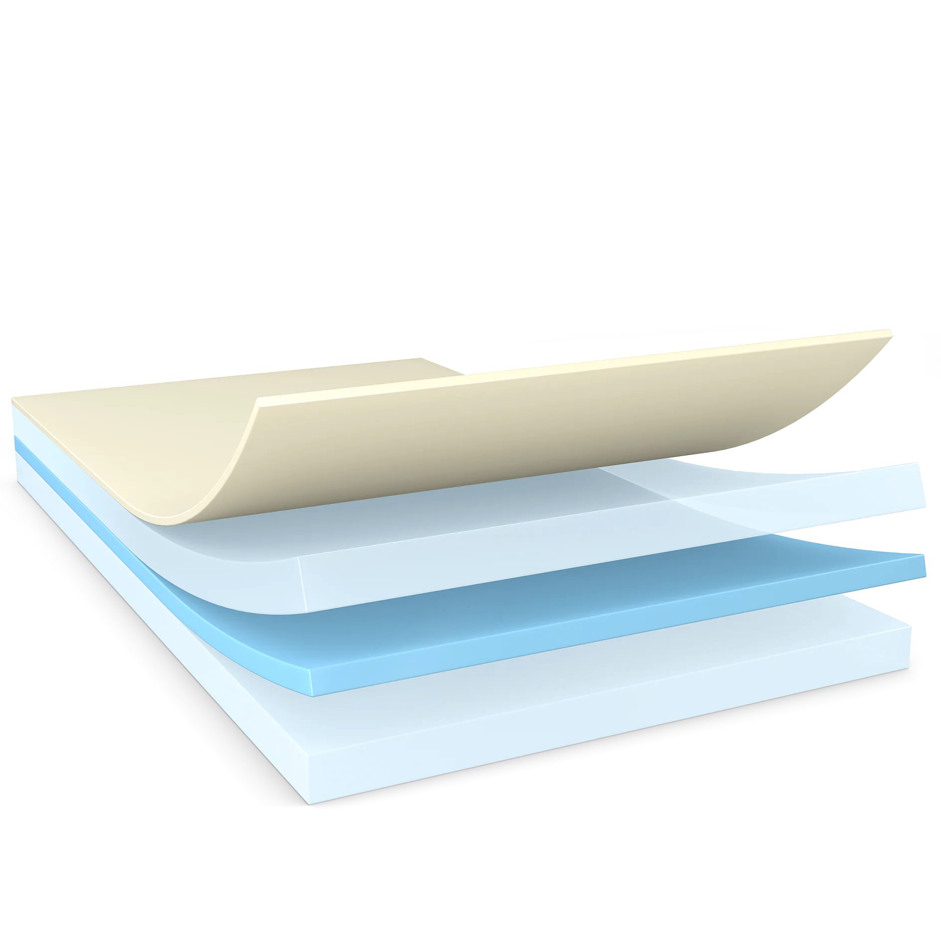 stack of layered adhesive sheets with a beige top layer partially peeled back, isolated on white background, tesa brand (This text has been generated by AI)