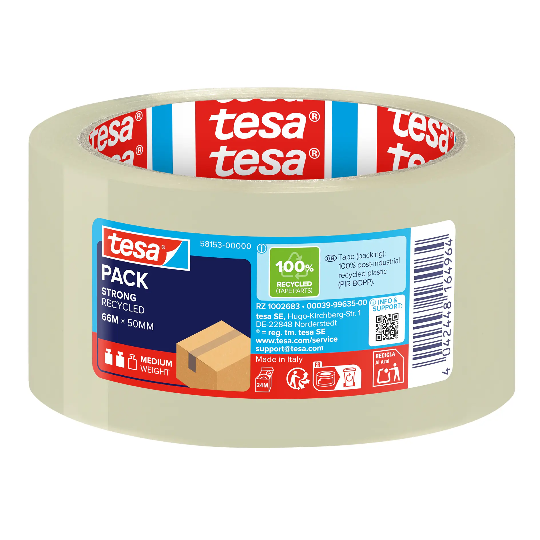 Clear packing tape roll labeled tesa pack, medium size, 50mm width, shown against a white background. (This text has been generated by AI)