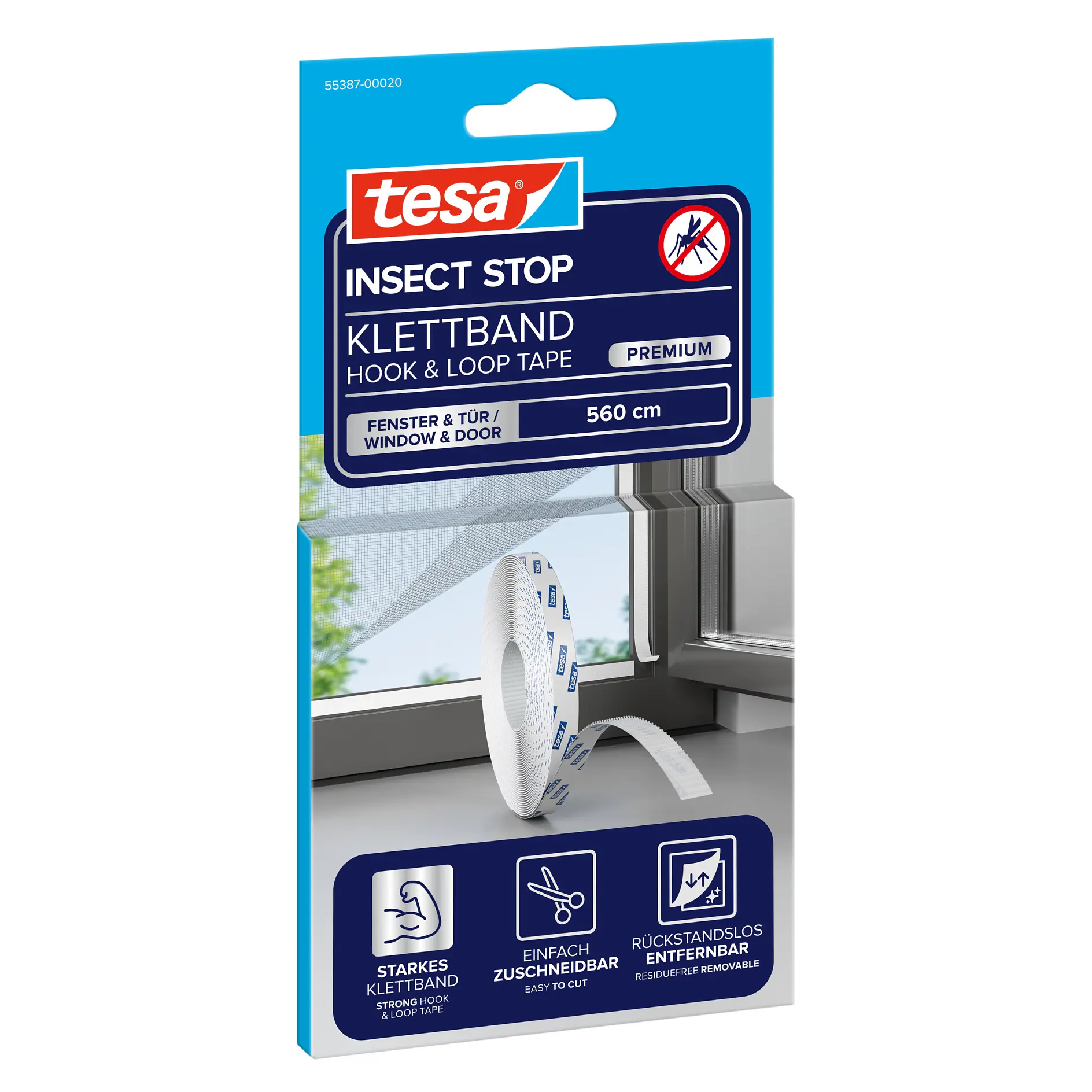 tesa insect stop hook and loop tape dispenser on a windowsill, designed for indoor insect prevention, with product packaging visible behind it (This text has been generated by AI)