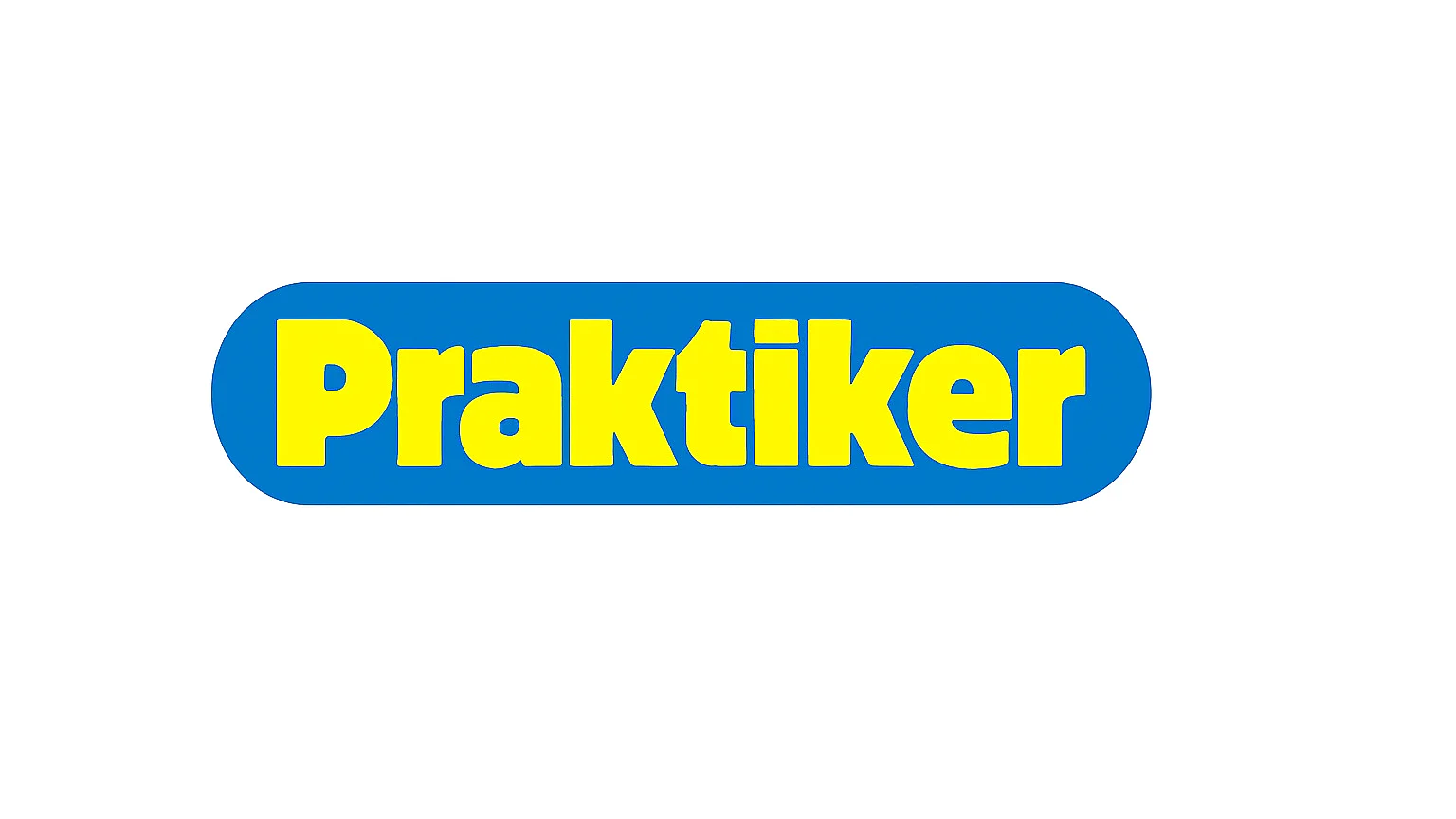 Praktiker logó: lekerekített sarkú kék téglalap, benne vastag sárga betűkkel a ‘Praktiker’ felirat.
