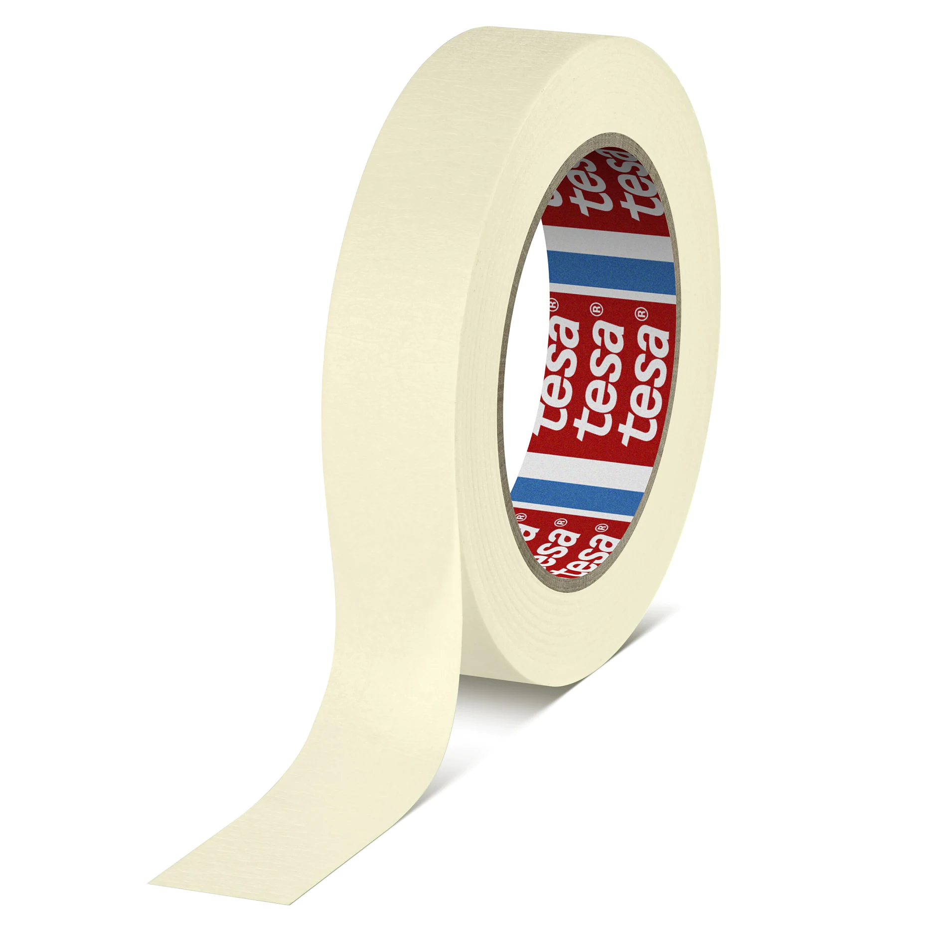 Roll of tesa masking tape with beige adhesive strip, isolated on white background for packaging or painting use. (This text has been generated by AI)