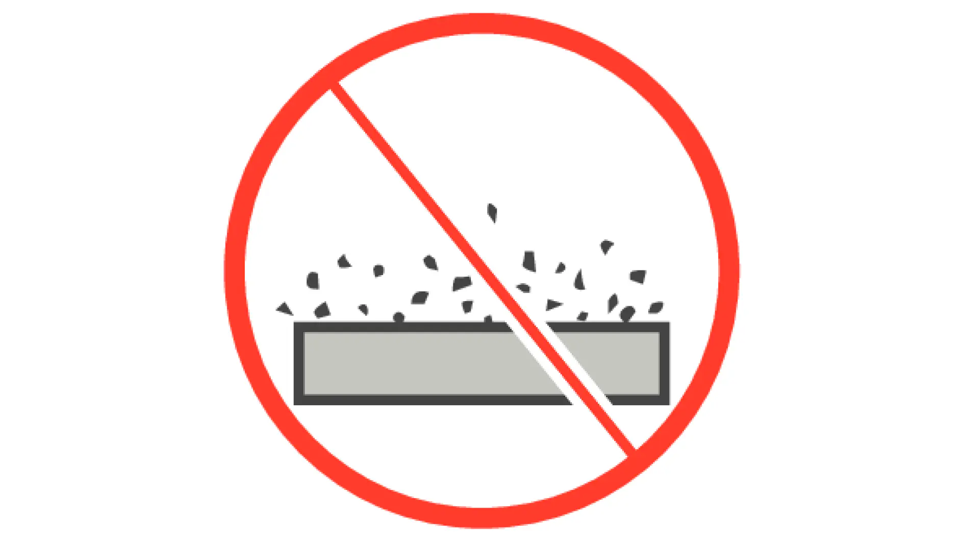Szürke téglalap alakú tárgy apró fekete részecskékkel fölötte, piros körrel és átlós vonallal áthúzva fehér háttéren (This text has been generated by AI)